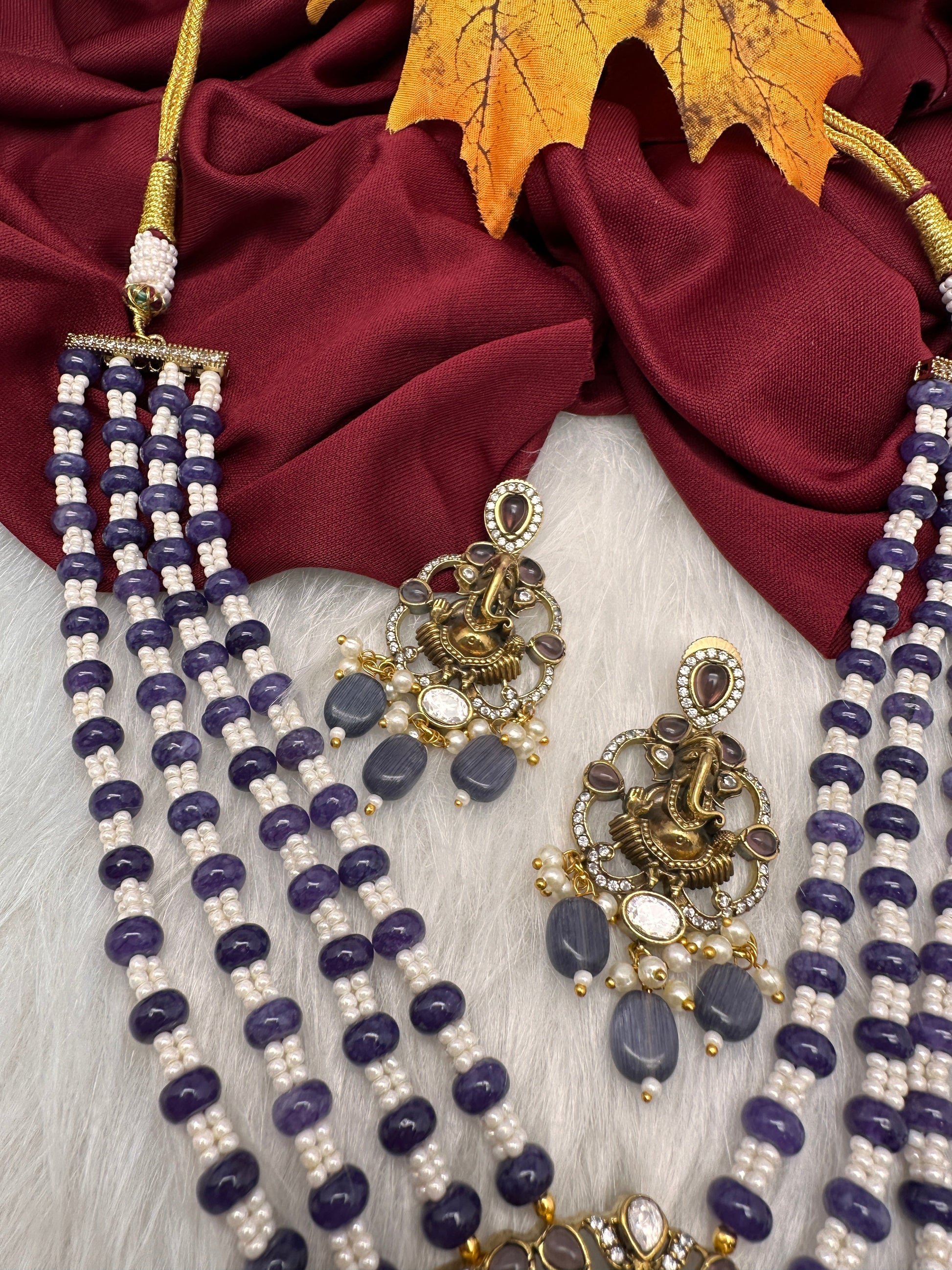Ganesha Geru Finish Beads Color Stone Necklace - Purple