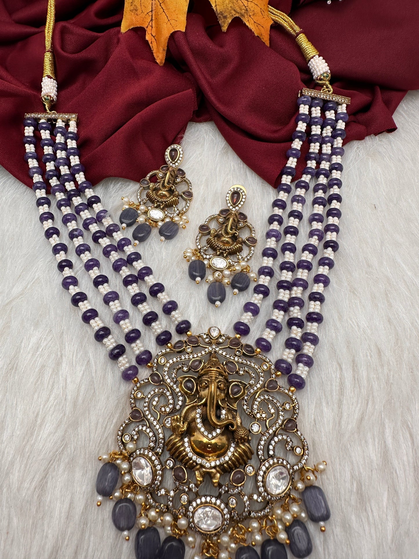 Ganesha Geru Finish Beads Color Stone Necklace - Purple