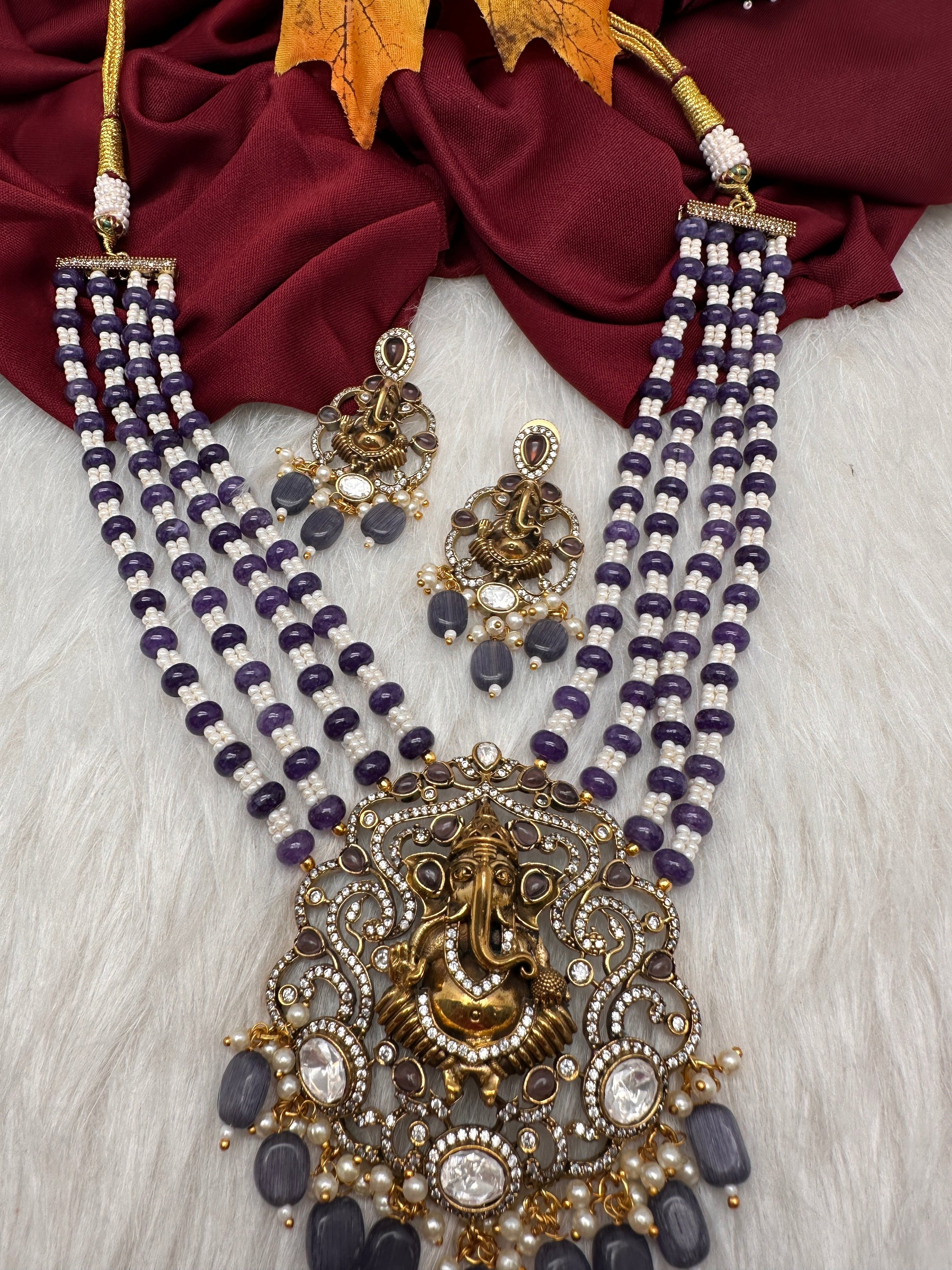 Ganesha Geru Finish Beads Color Stone Necklace - Purple