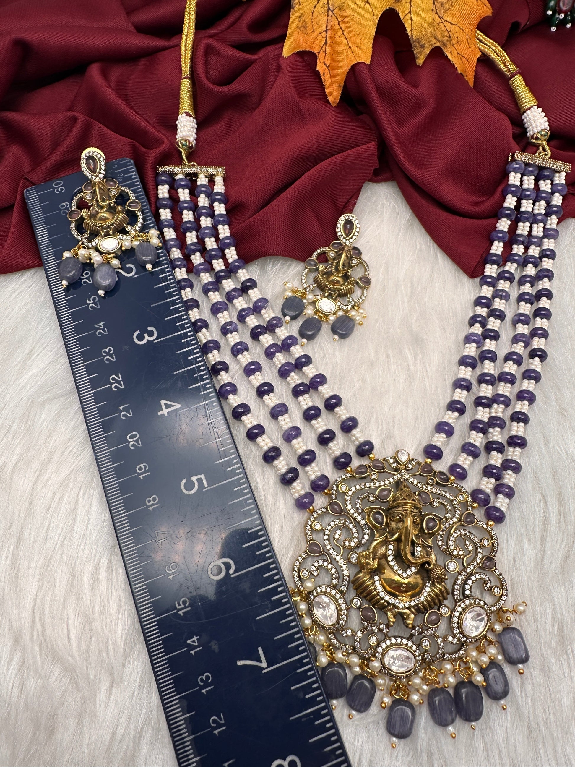 Ganesha Geru Finish Beads Color Stone Necklace - Purple