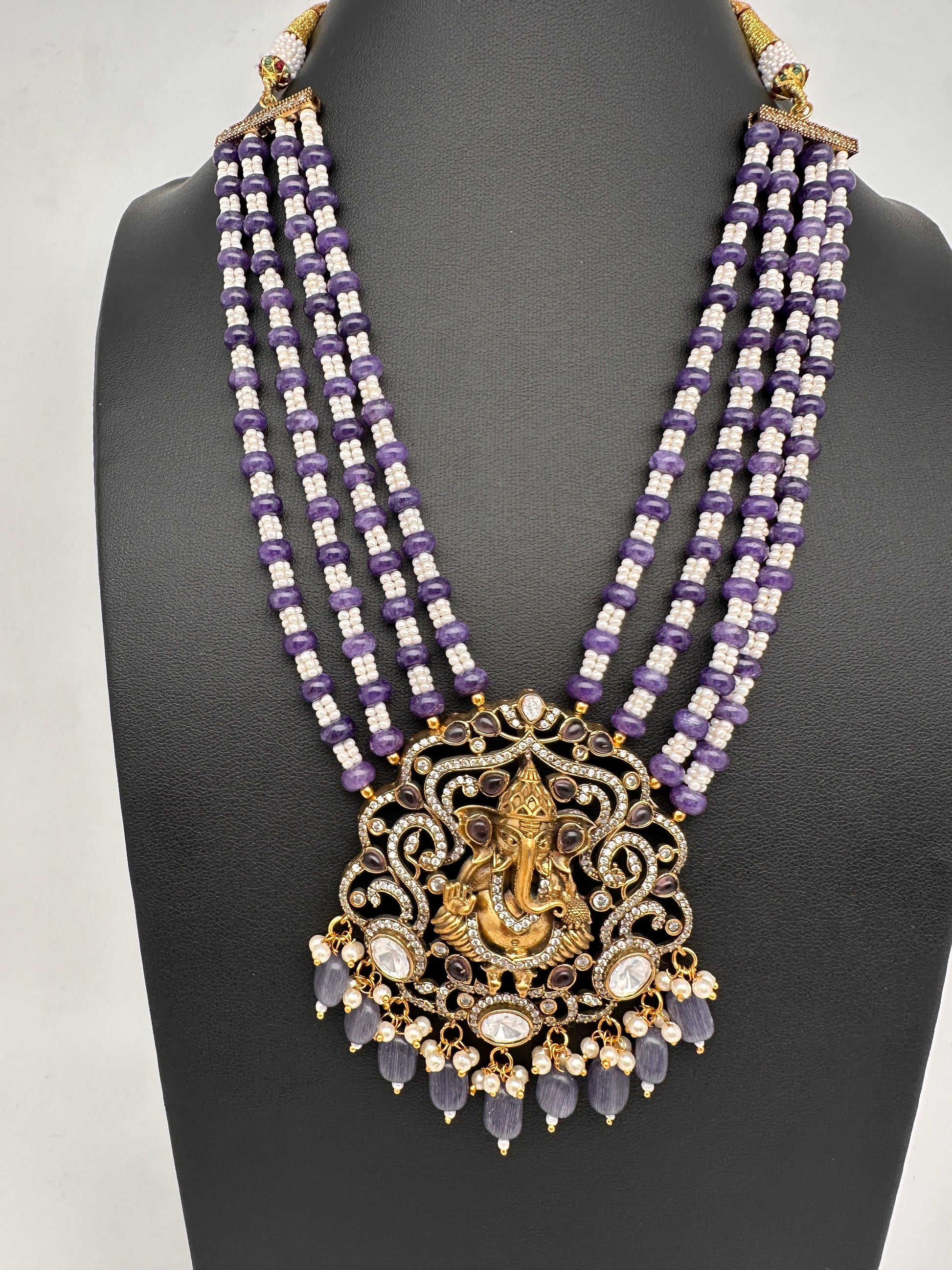 Ganesha Geru Finish Beads Color Stone Necklace - Purple