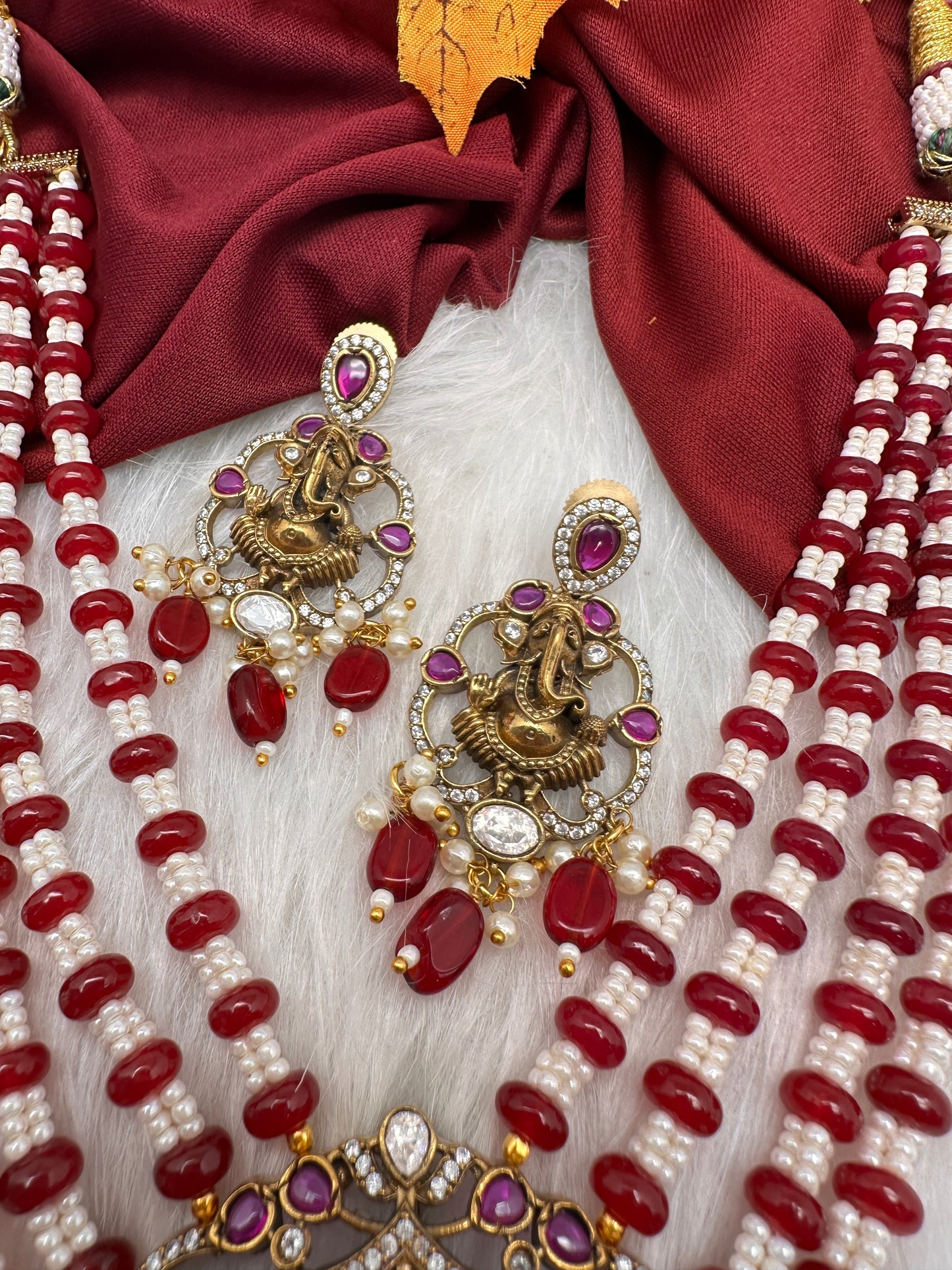 Ganesha Geru Finish Beads Color Stone Necklace - Red