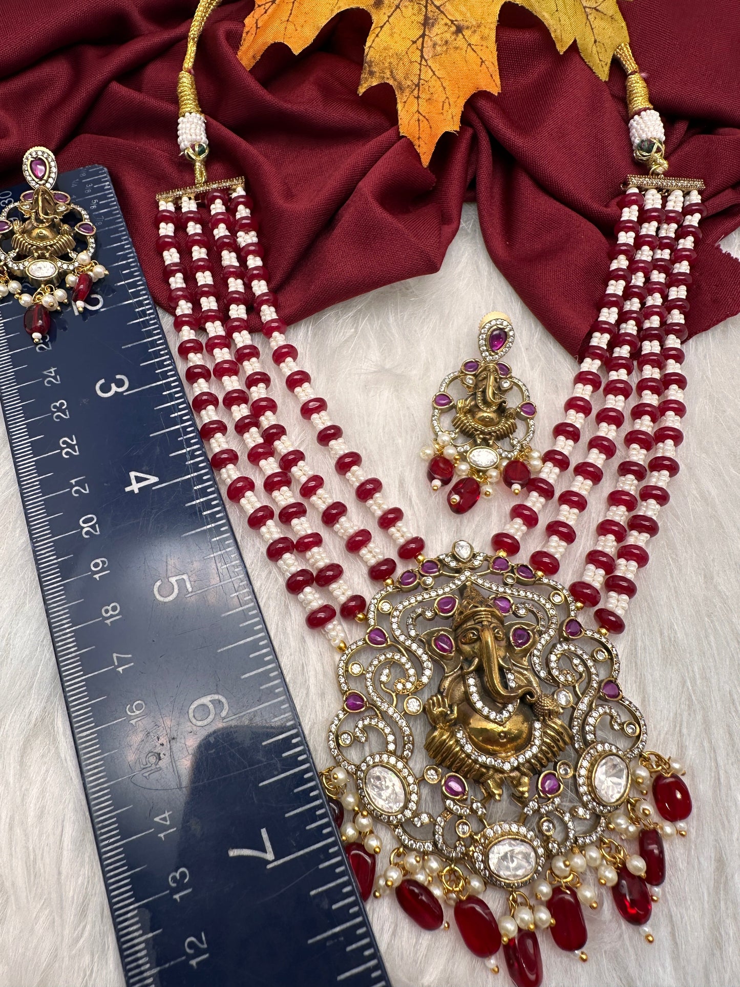 Ganesha Geru Finish Beads Color Stone Necklace - Red