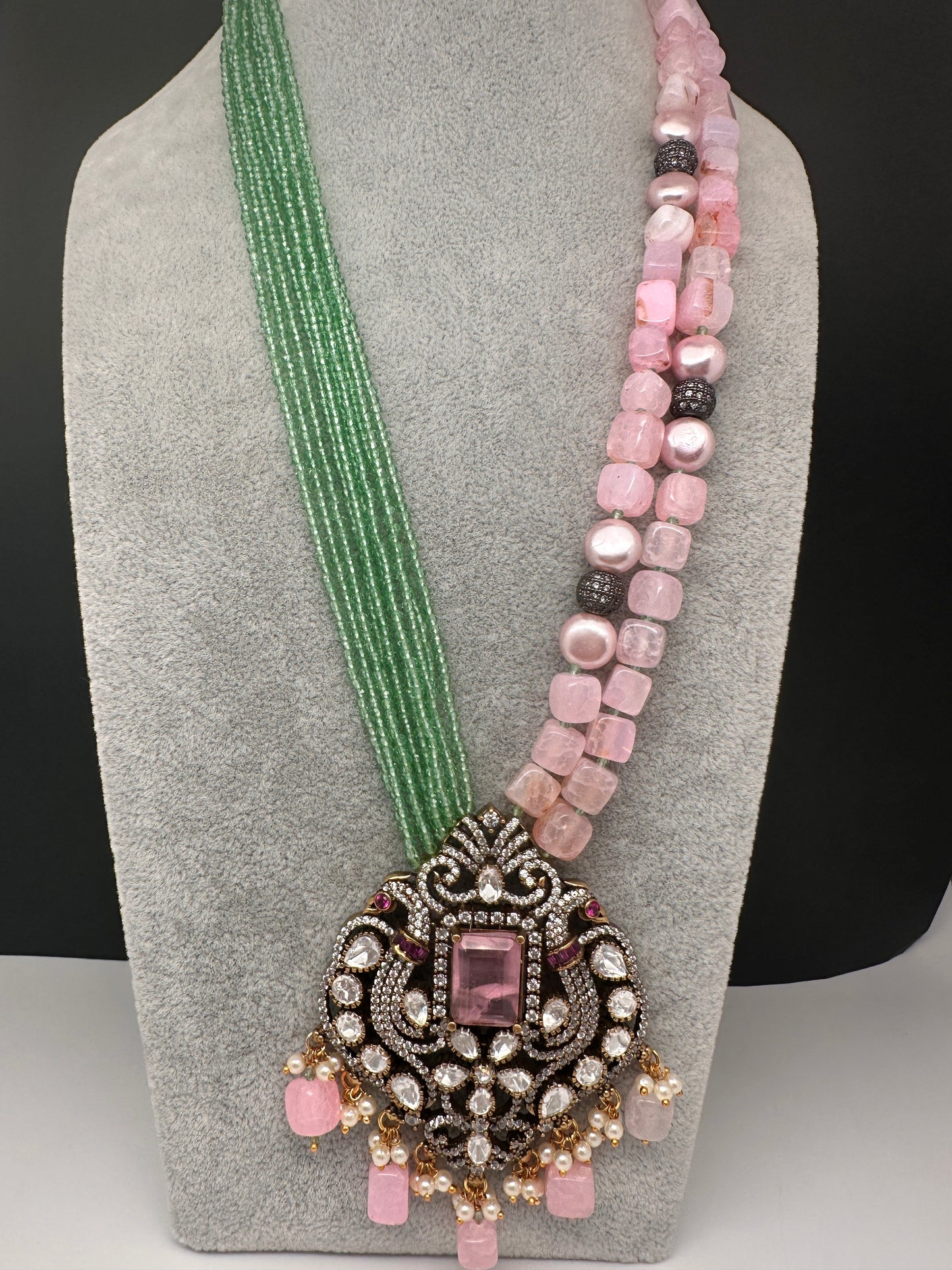 Moissanite Fussion Beads Victorian Finish Color Stone Necklace - MintGreen