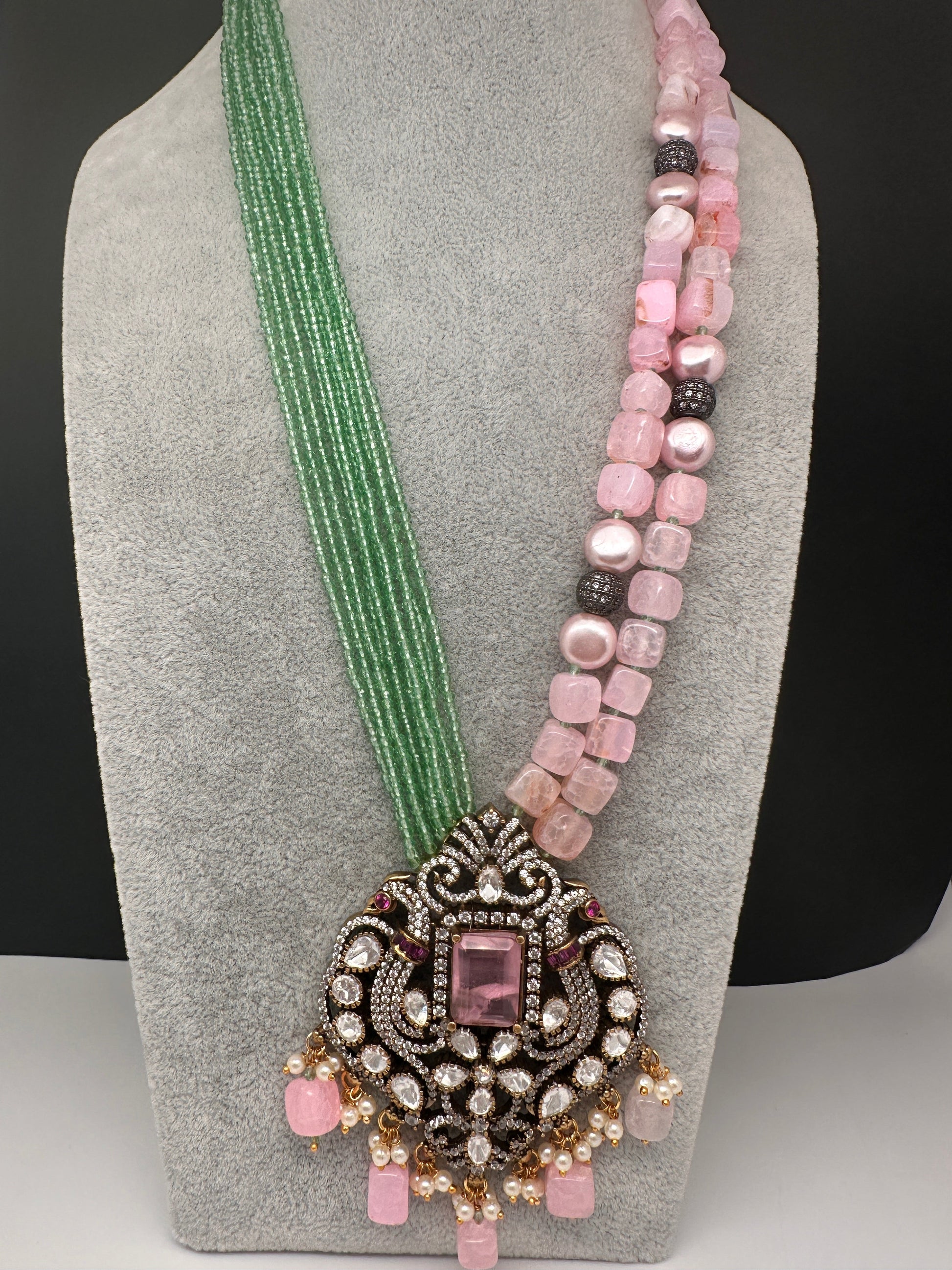 Moissanite Fussion Beads Victorian Finish Color Stone Necklace - MintGreen
