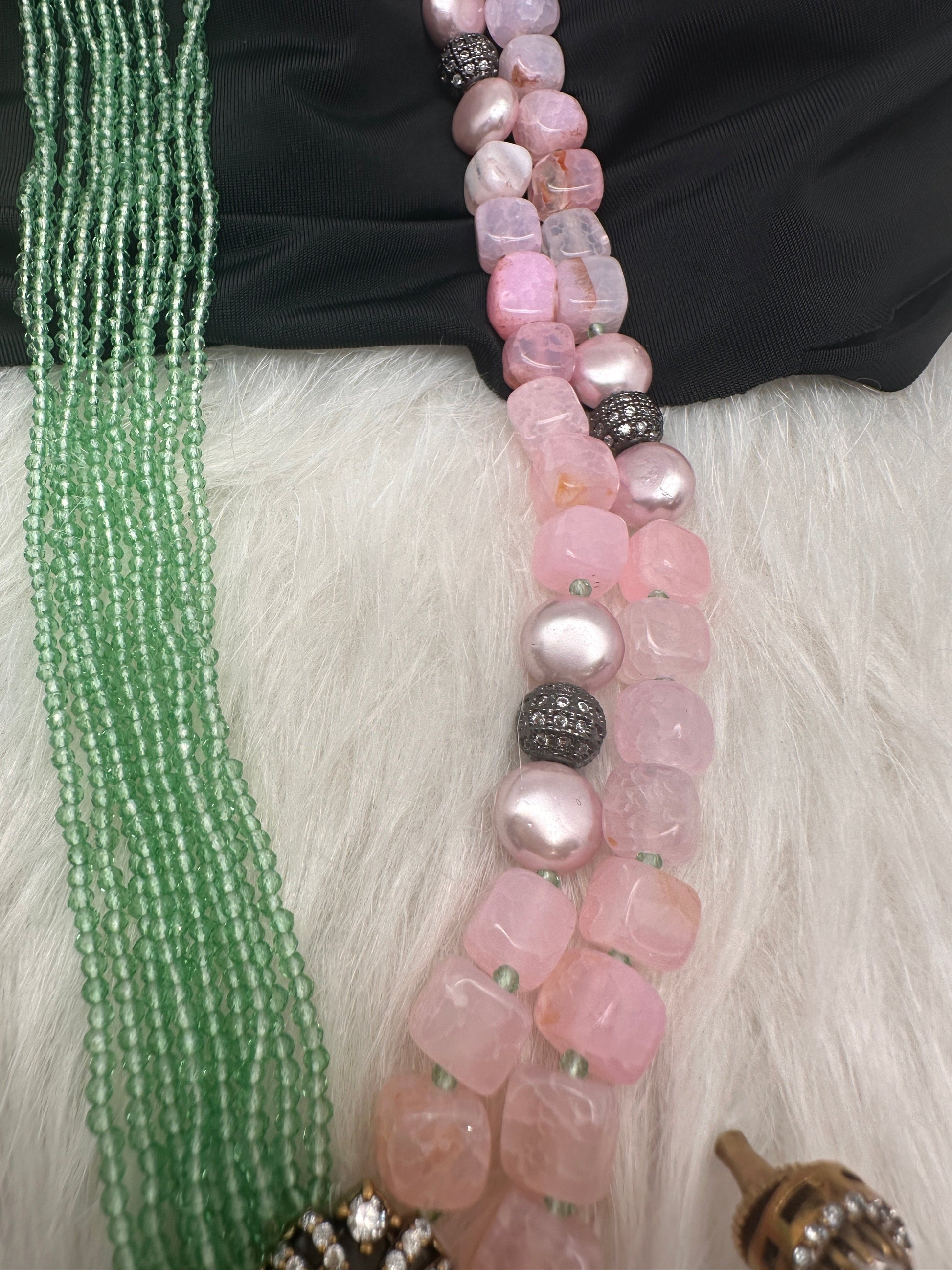 Moissanite Fussion Beads Victorian Finish Color Stone Necklace - MintGreen