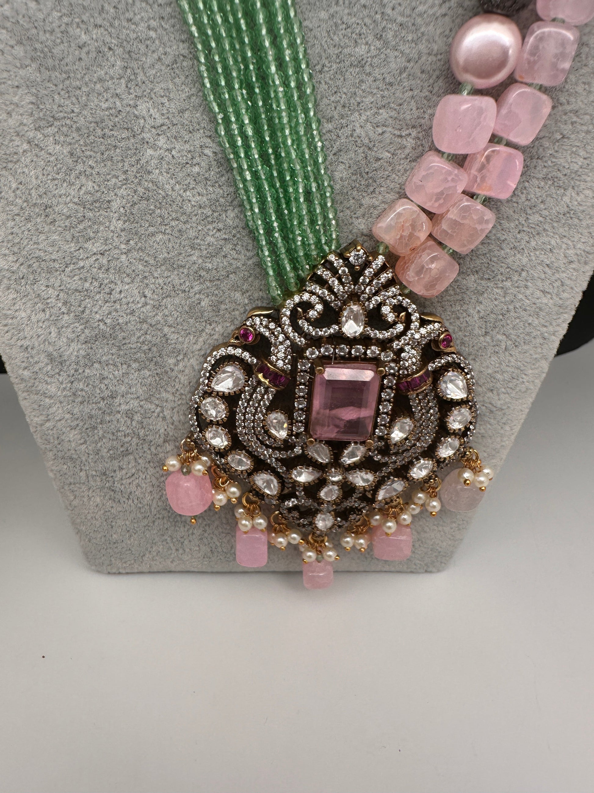 Moissanite Fussion Beads Victorian Finish Color Stone Necklace - MintGreen