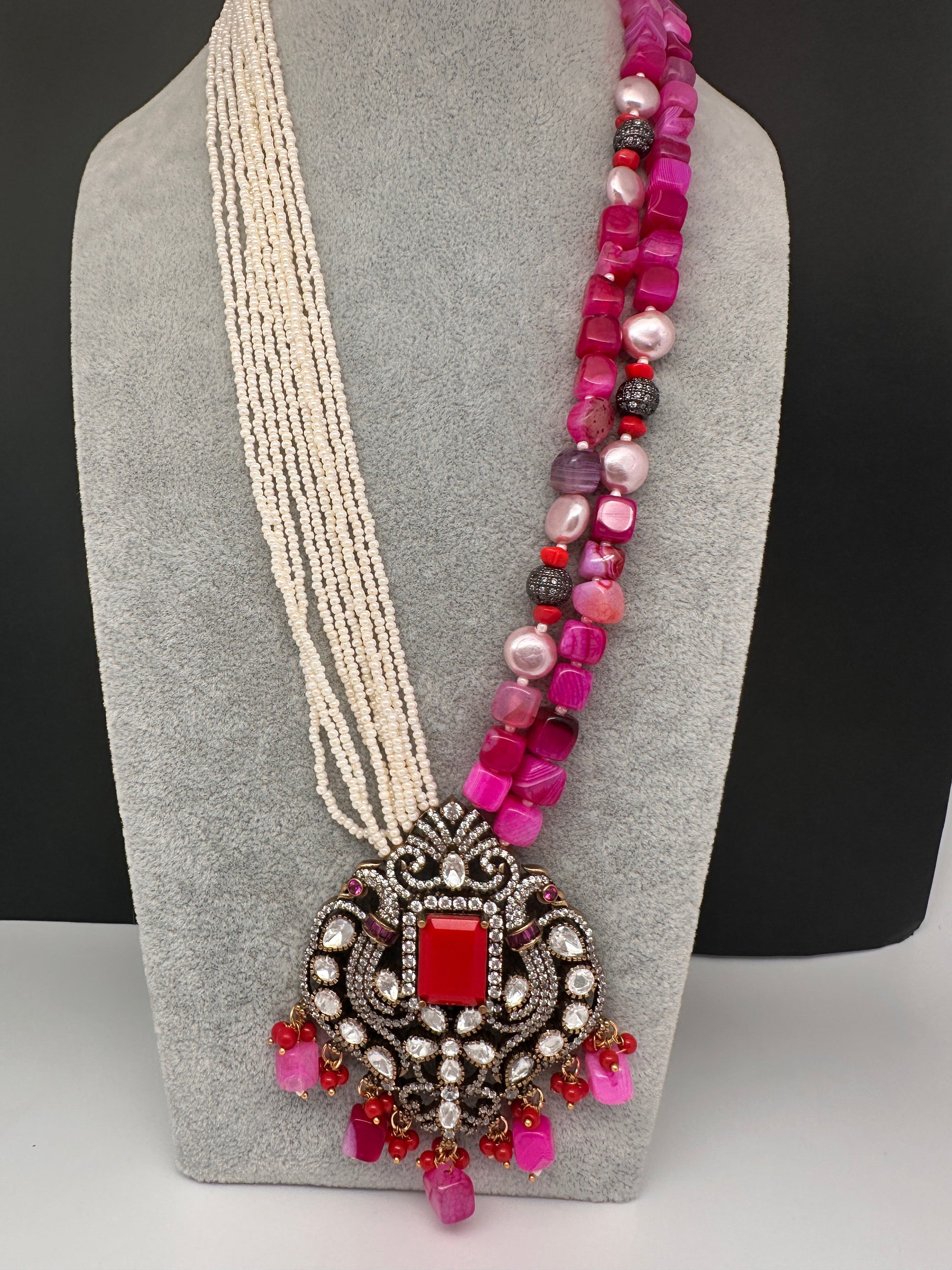 Moissanite Fussion Beads Victorian Finish Color Stone Necklace - Pink