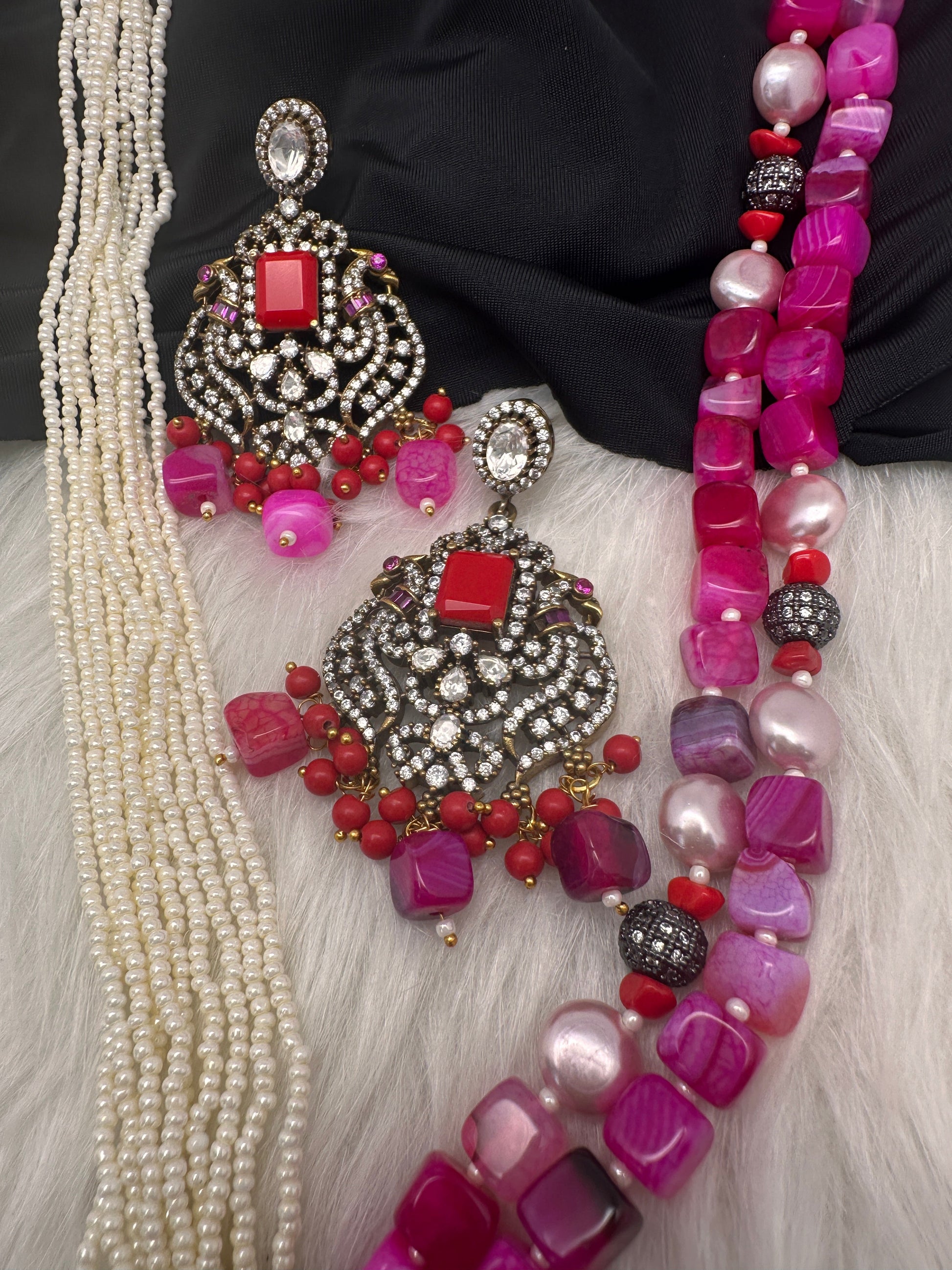 Moissanite Fussion Beads Victorian Finish Color Stone Necklace - Pink