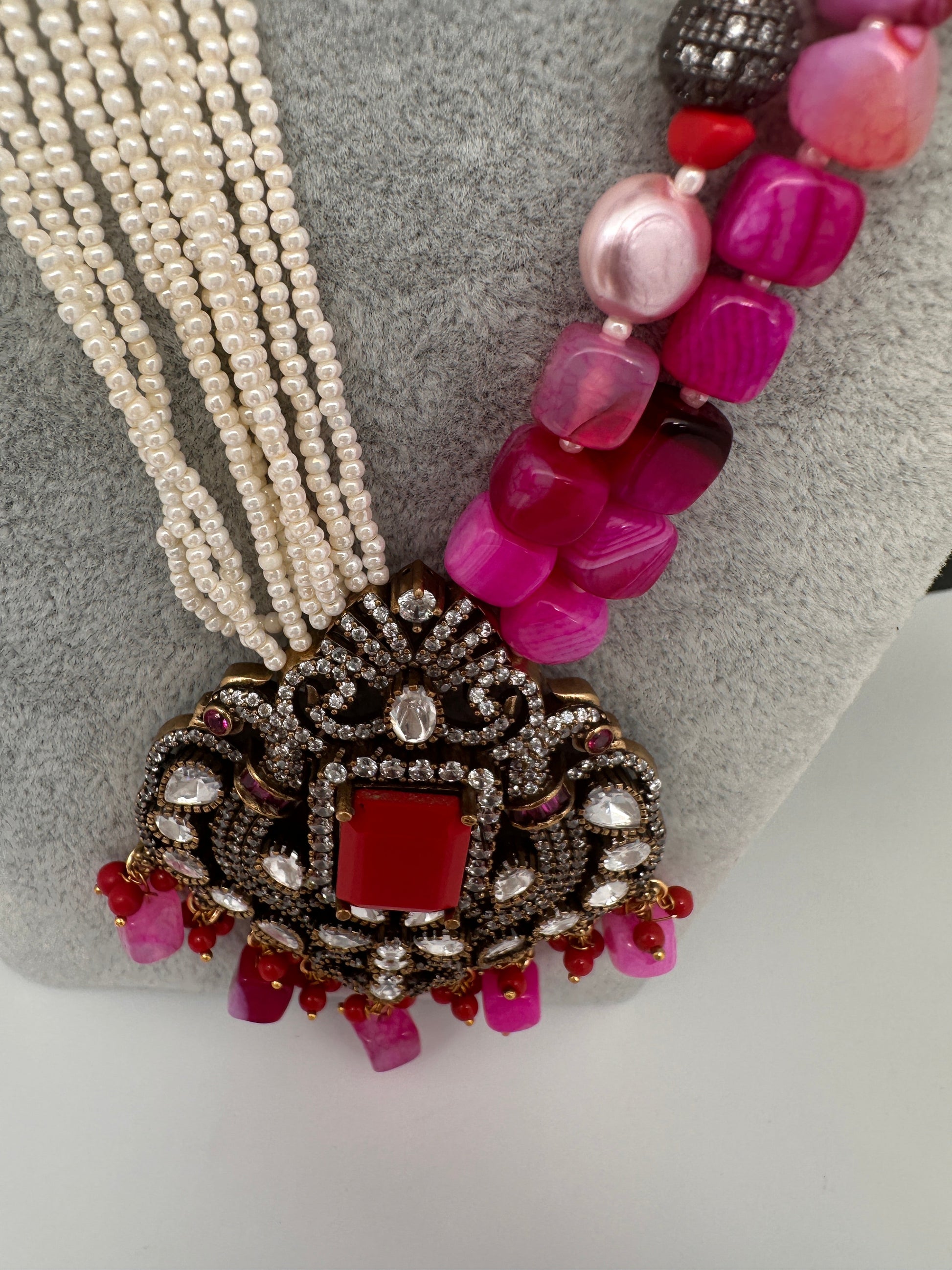 Moissanite Fussion Beads Victorian Finish Color Stone Necklace - Pink