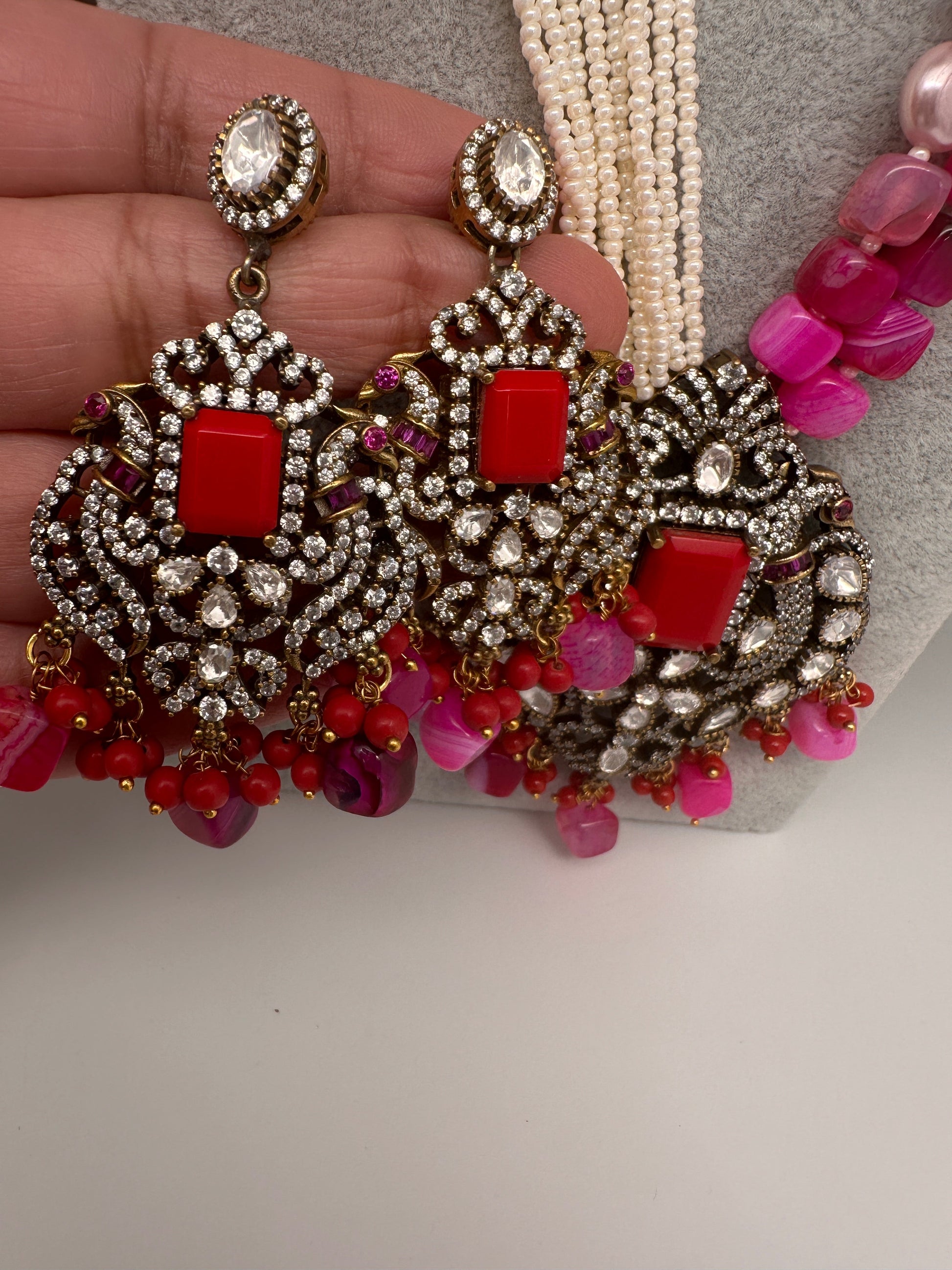 Moissanite Fussion Beads Victorian Finish Color Stone Necklace - Pink