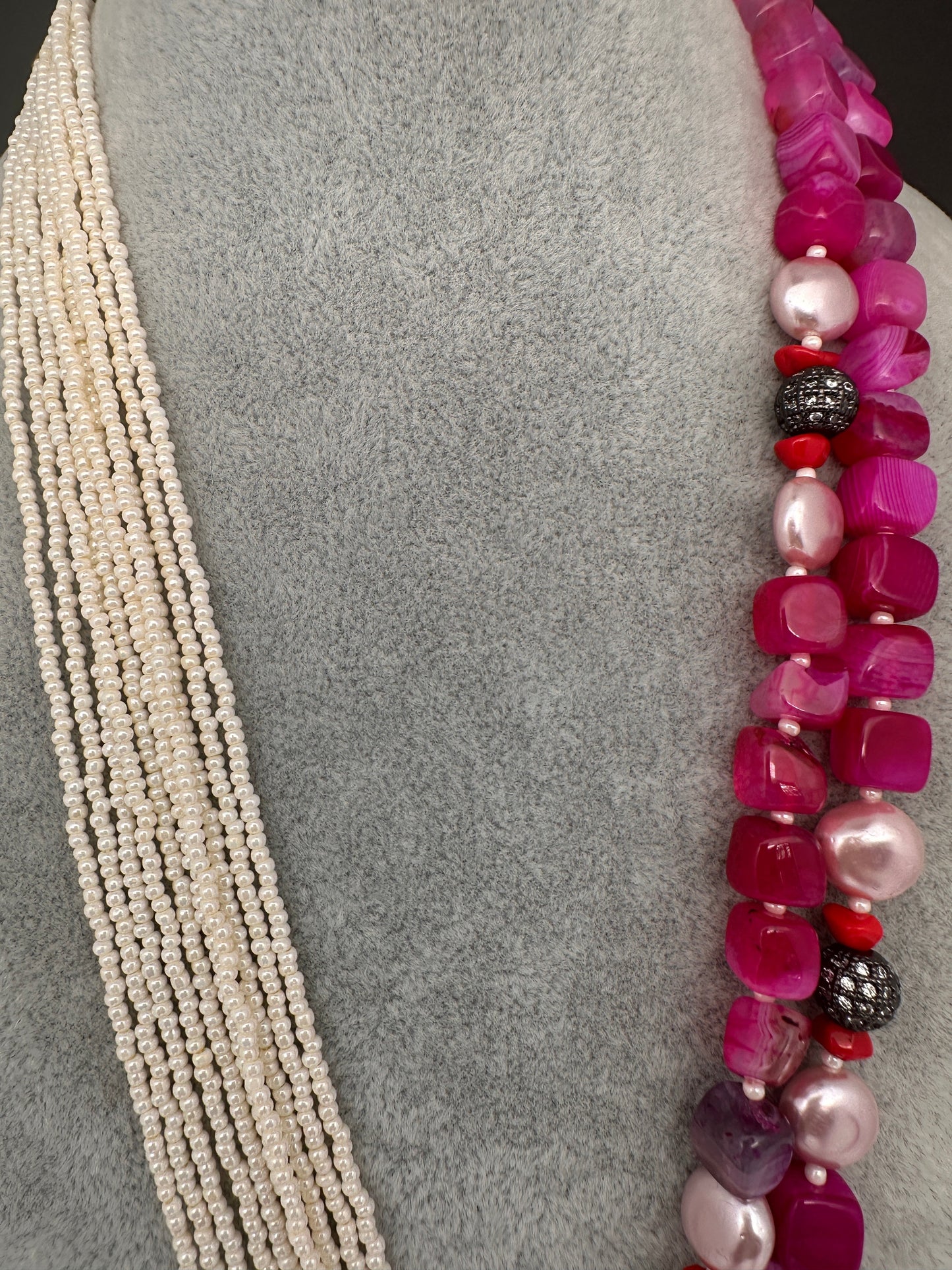 Moissanite Fussion Beads Victorian Finish Color Stone Necklace - Pink