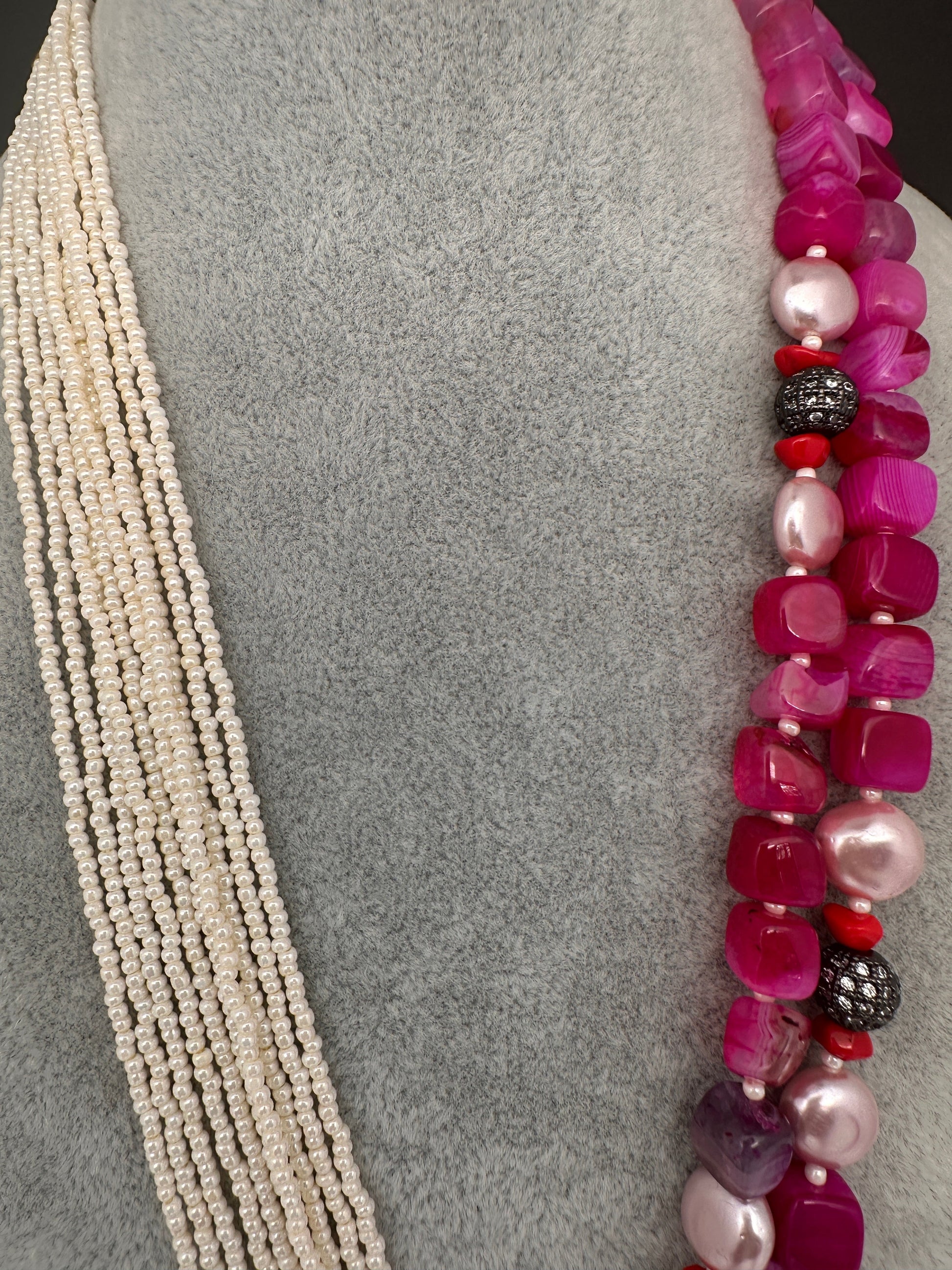 Moissanite Fussion Beads Victorian Finish Color Stone Necklace - Pink