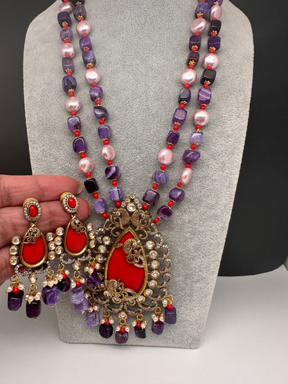 Box Monilsa Beads Mehendi Finish Color Stone Necklace - Purple