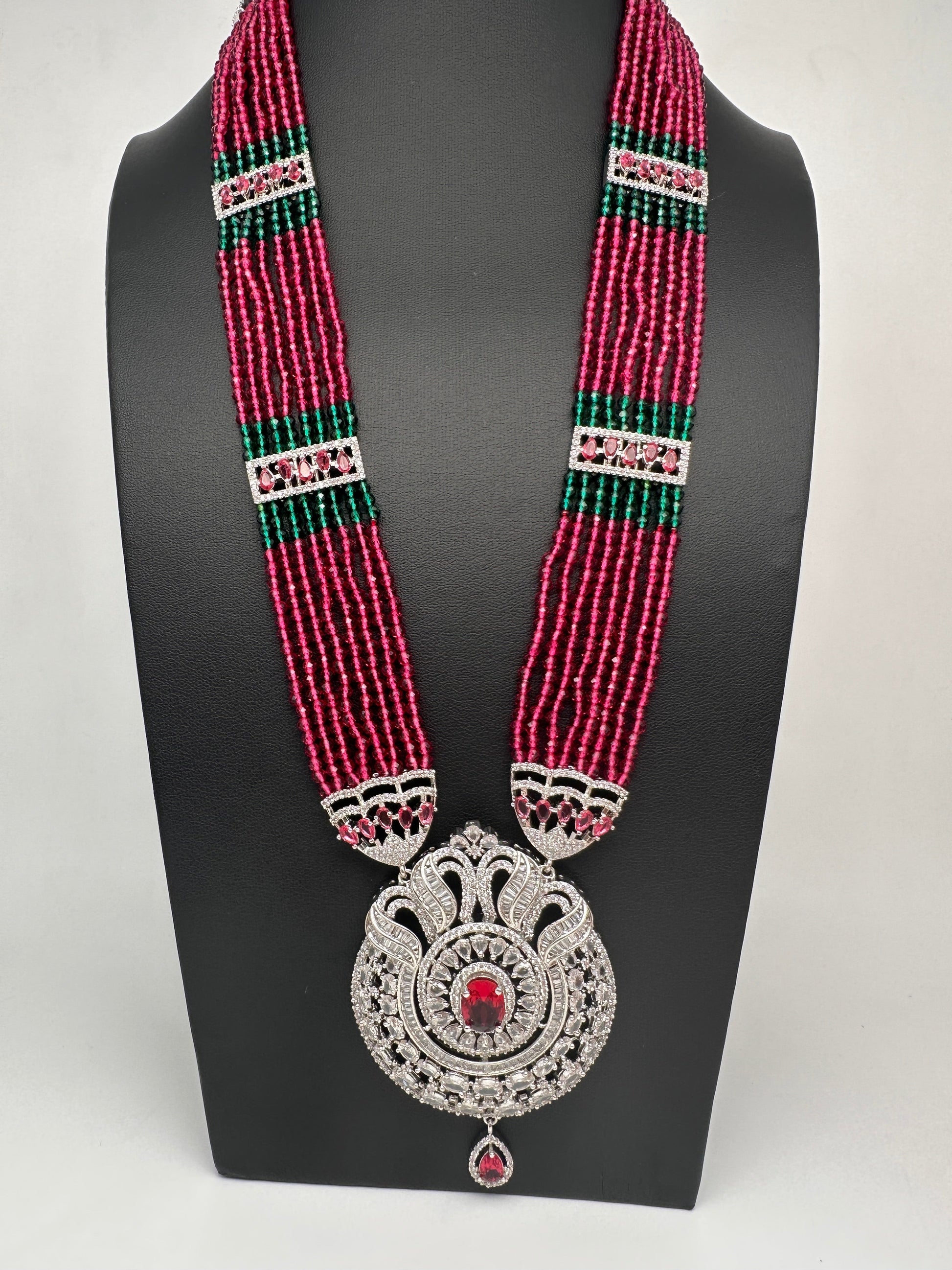 Silver Finish Onyx Beads Color Stone Necklace - Pink