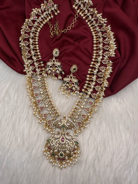 Peacock CZ Matte Rice Pearls Guttapusalu Long Necklace