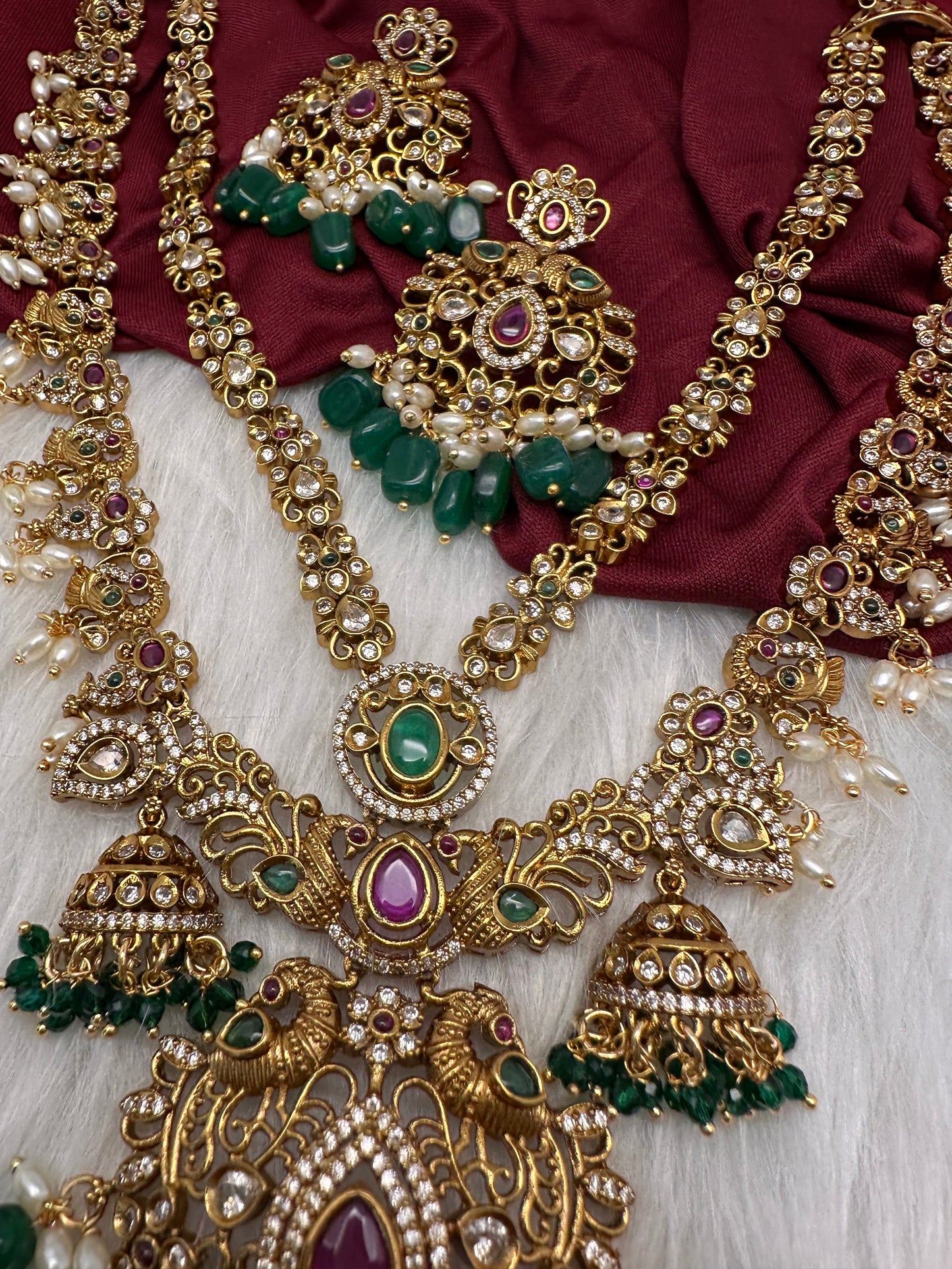 Peacock CZ Matte Rice Pearls Double Layer Long Necklace
