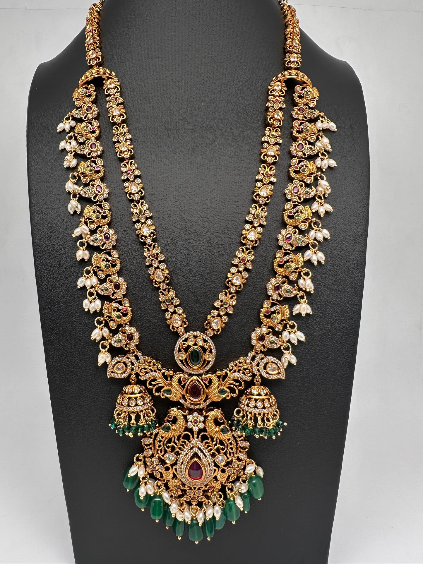 Peacock CZ Matte Rice Pearls Double Layer Long Necklace