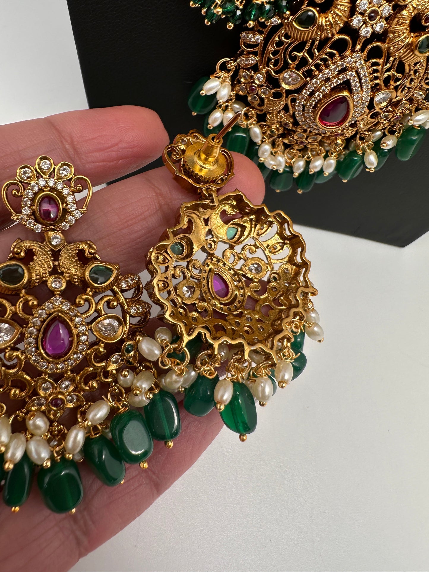 Peacock CZ Matte Rice Pearls Double Layer Long Necklace