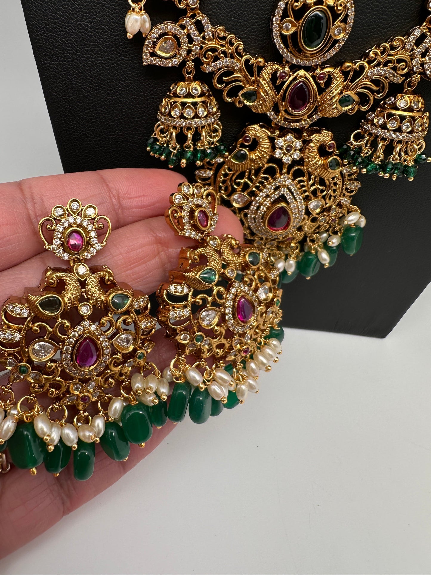 Peacock CZ Matte Rice Pearls Double Layer Long Necklace