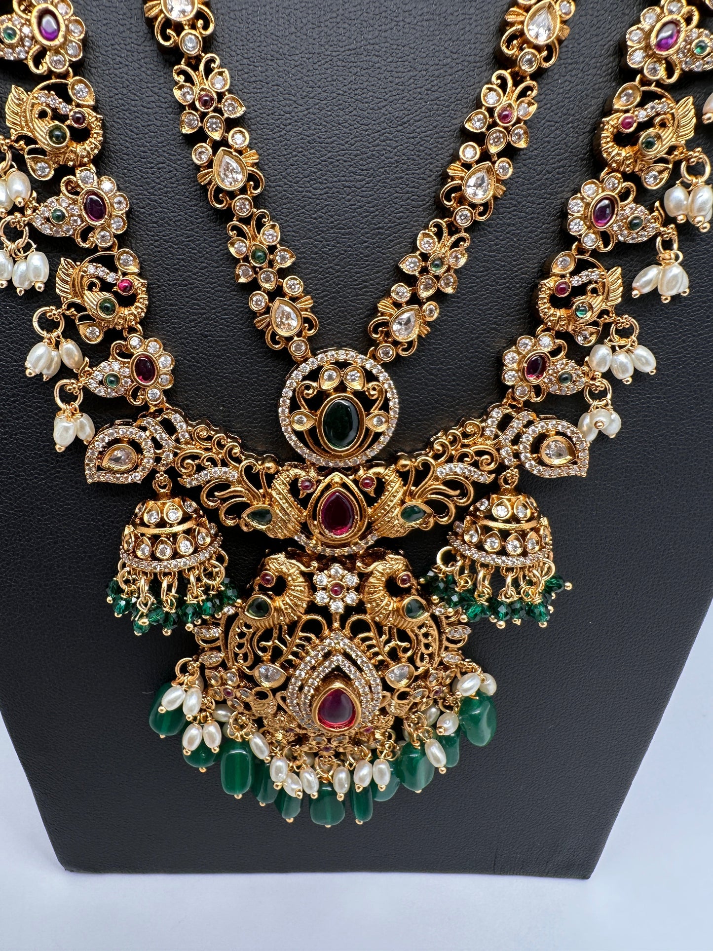 Peacock CZ Matte Rice Pearls Double Layer Long Necklace