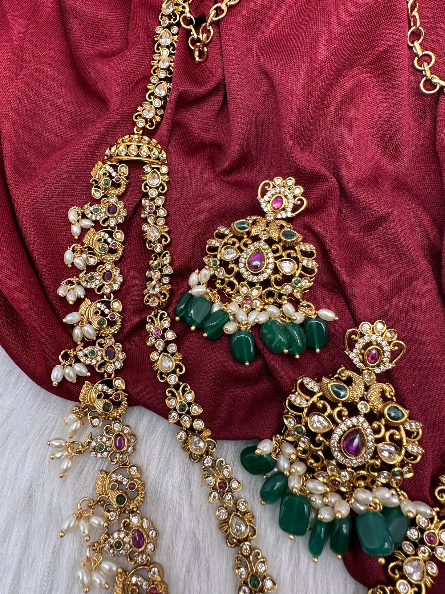 Peacock CZ Matte Rice Pearls Double Layer Long Necklace