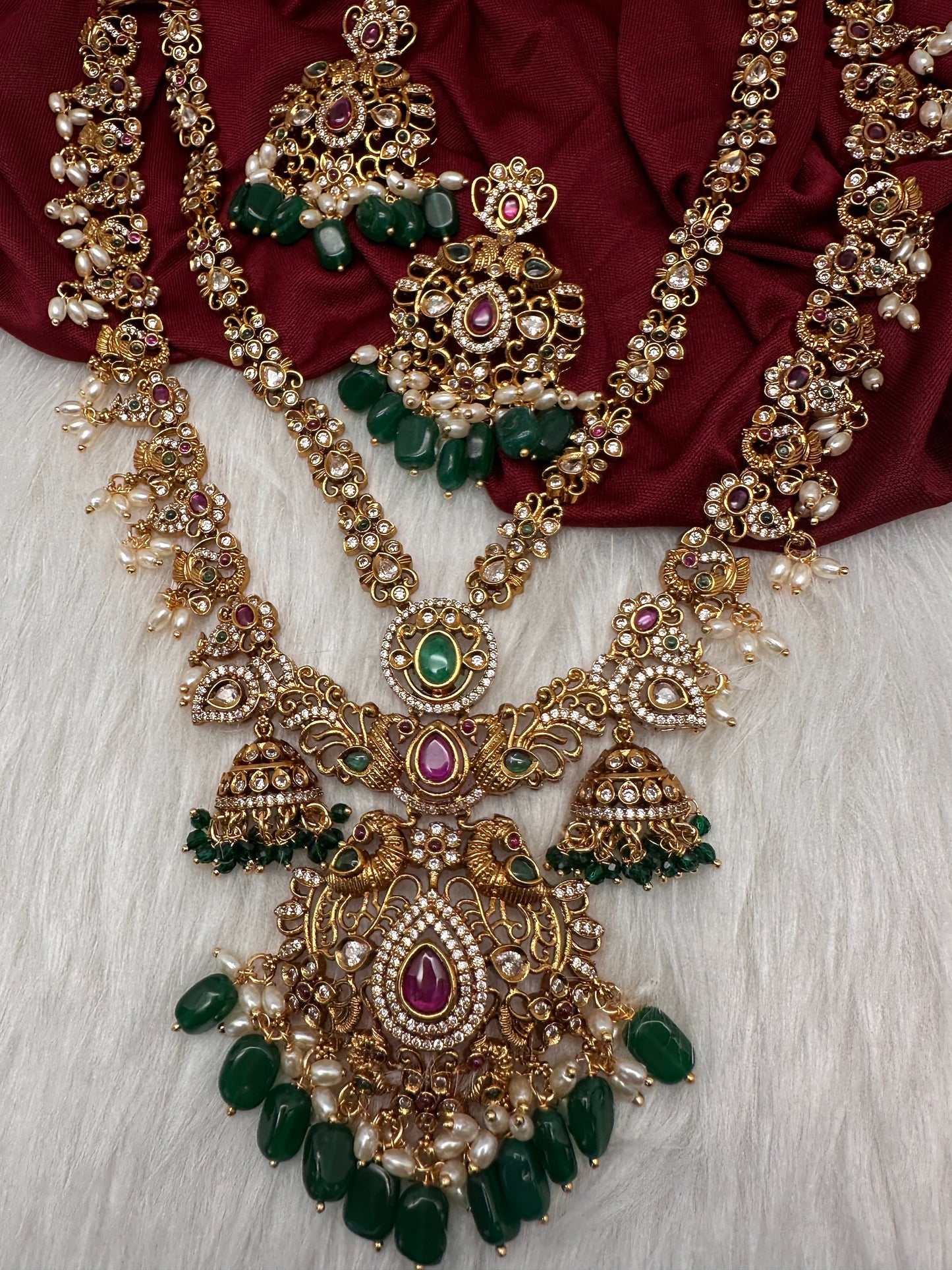 Peacock CZ Matte Rice Pearls Double Layer Long Necklace