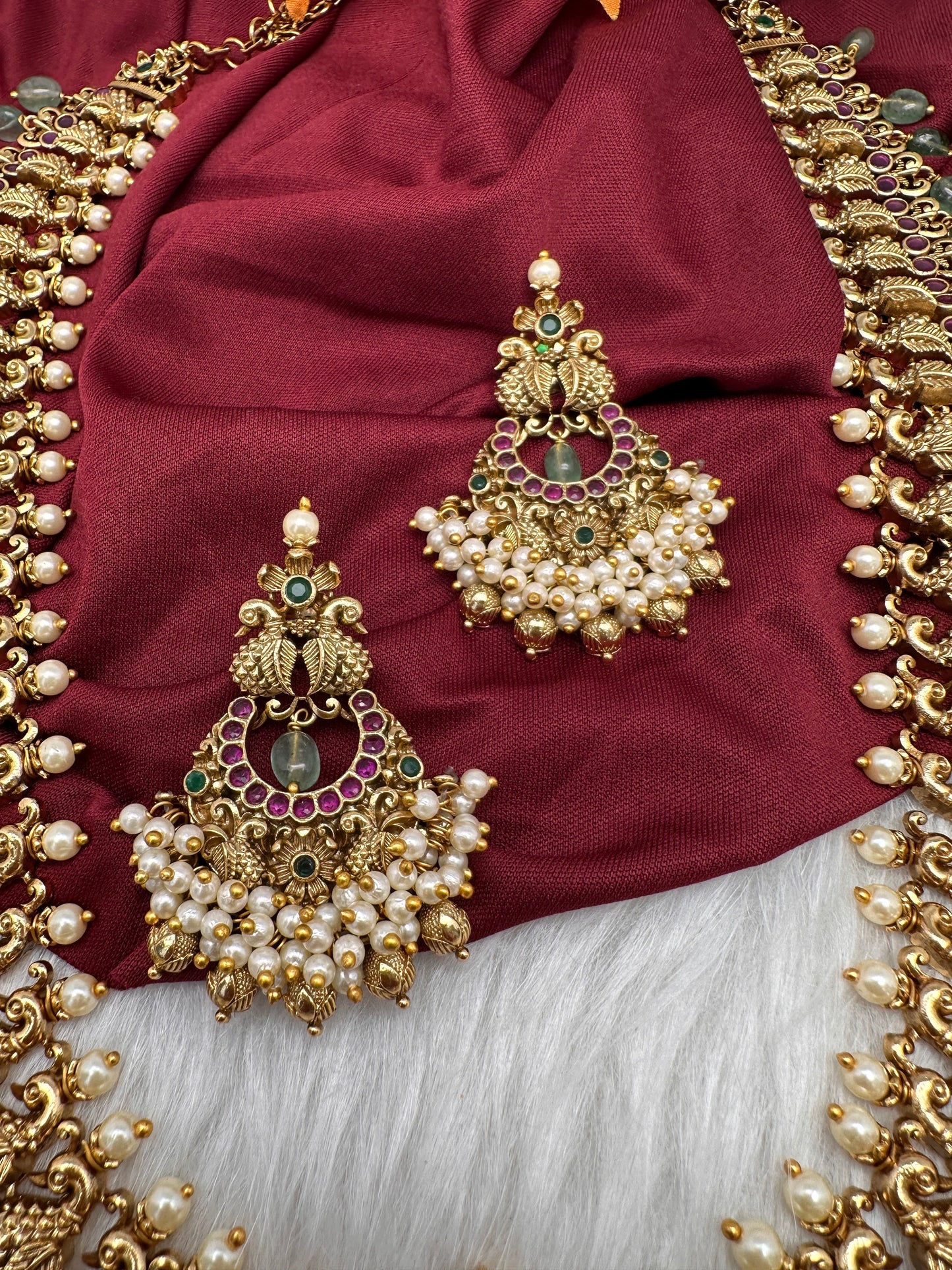Chandbali Cluster Pearls Peacock Goddess Lakshmi Kemp Long Necklace