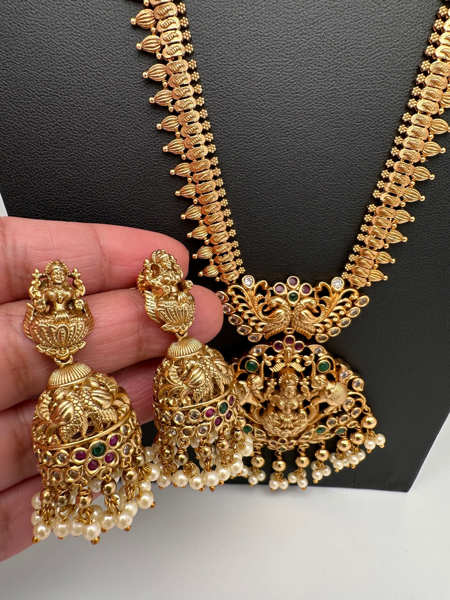 Goddess Lakshmi Matte Long Necklace With Jhumkas