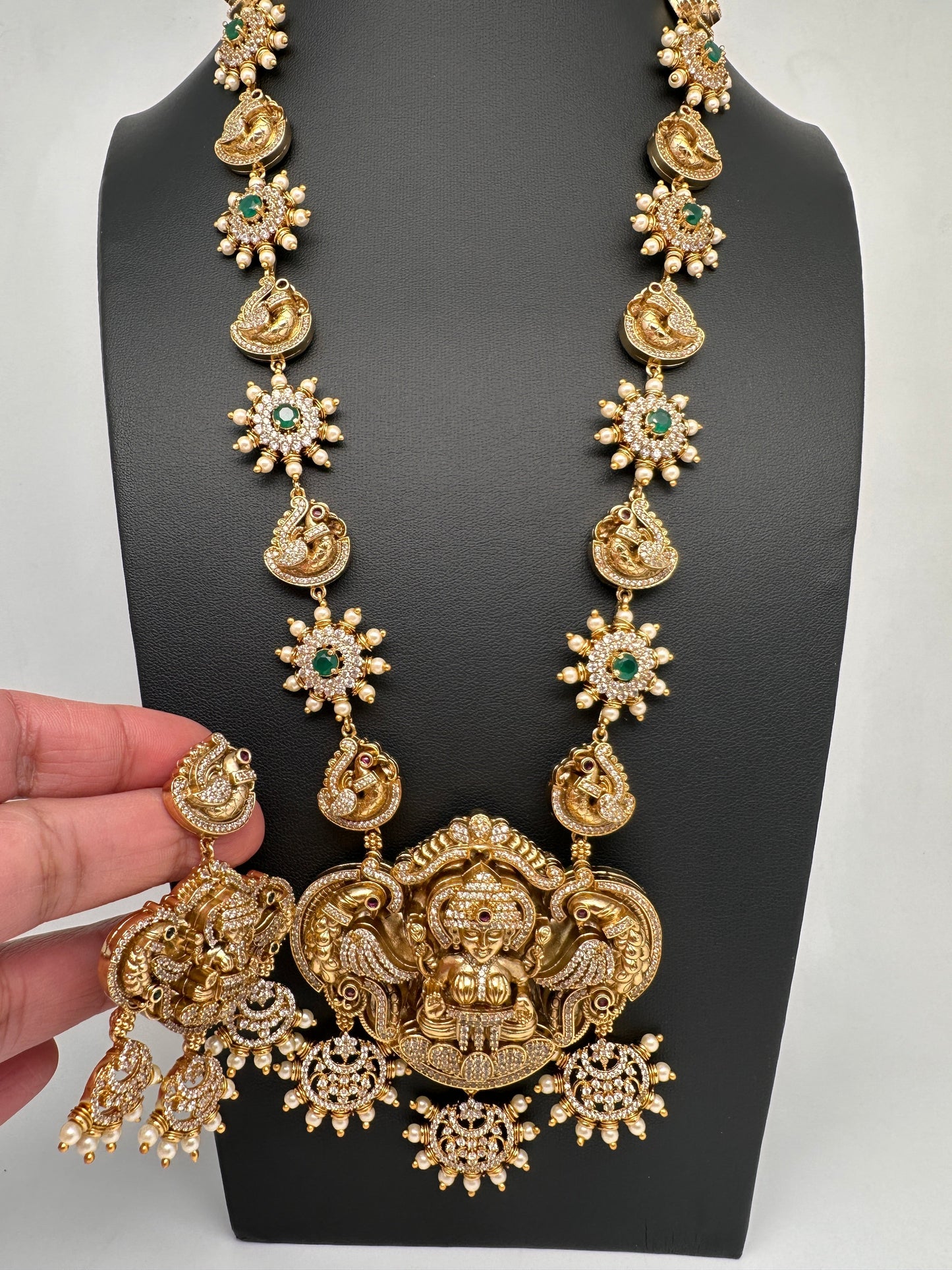 Goddess Lakshmi Matte CZ Green Stone Long Necklace