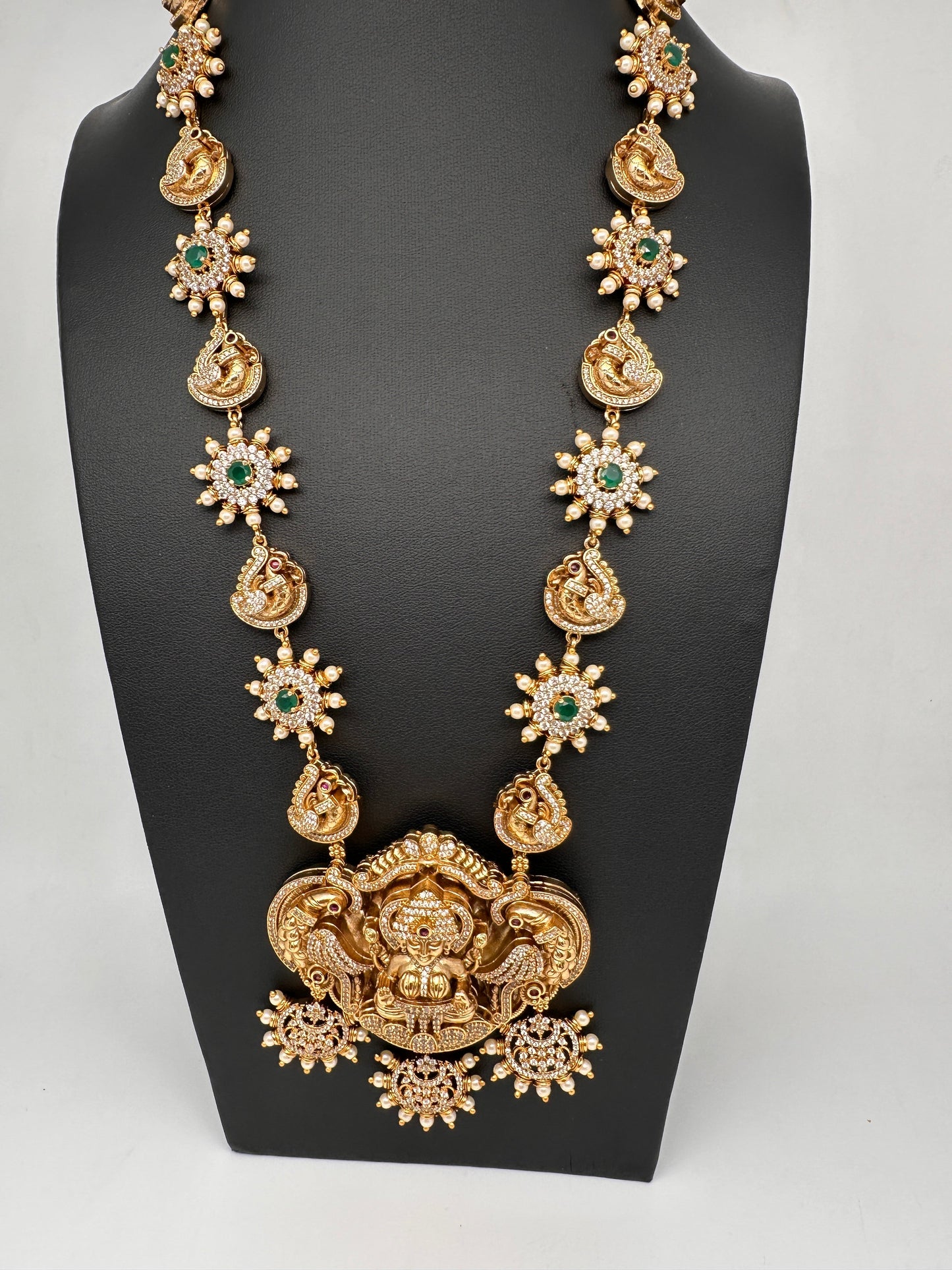 Goddess Lakshmi Matte CZ Green Stone Long Necklace