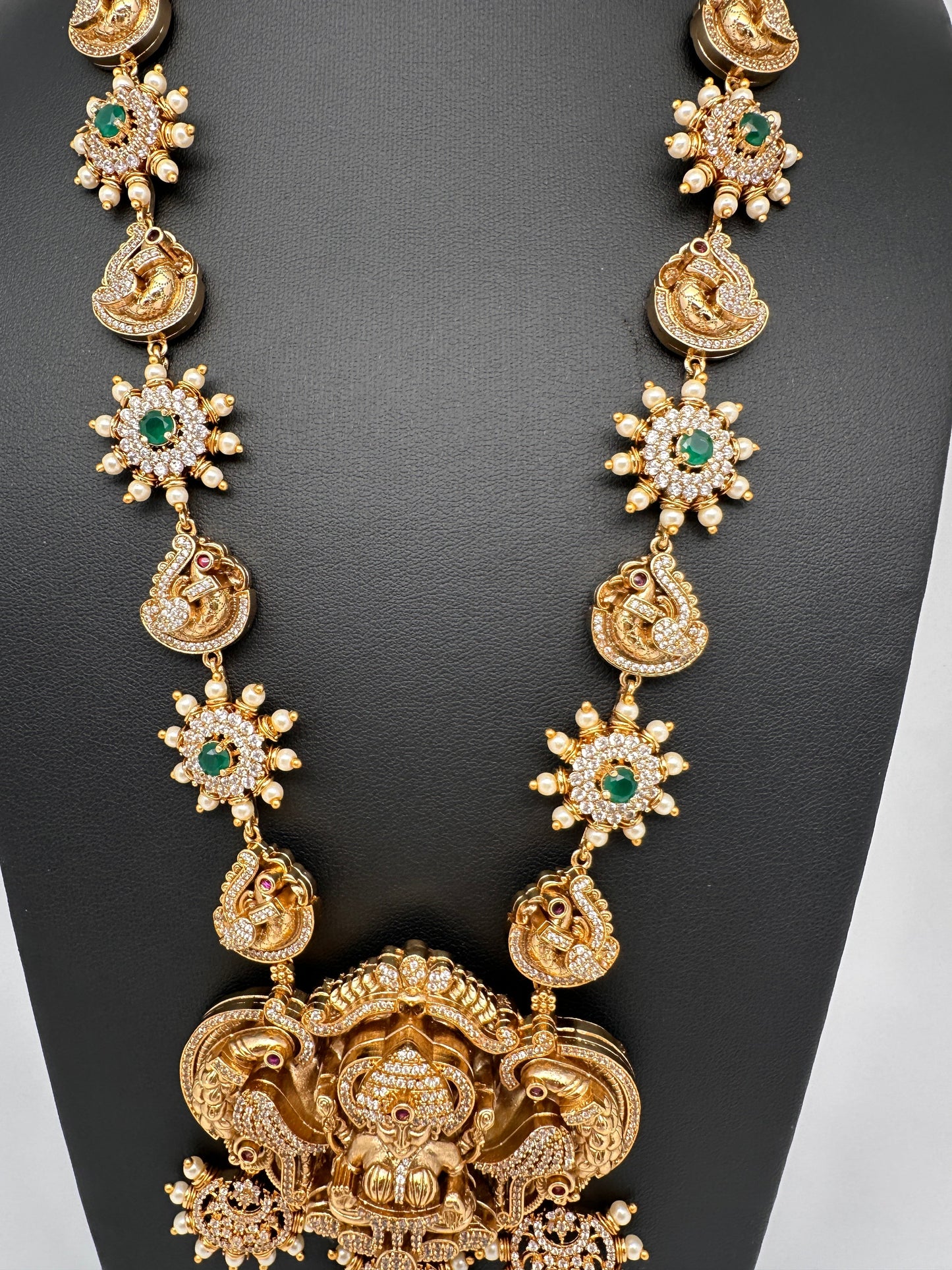 Goddess Lakshmi Matte CZ Green Stone Long Necklace