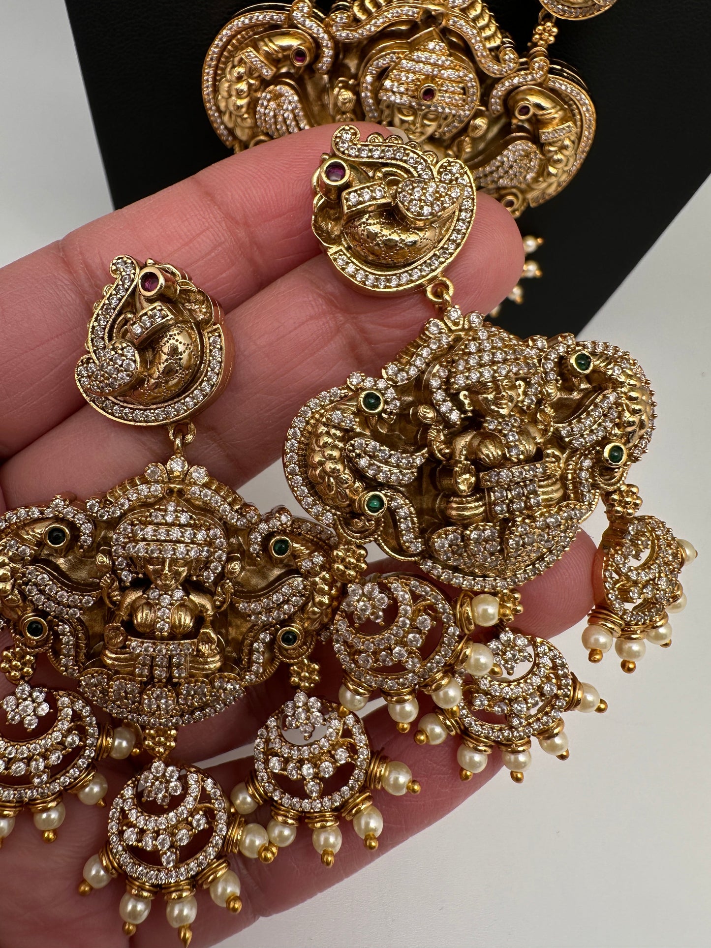 Goddess Lakshmi Matte CZ Green Stone Long Necklace