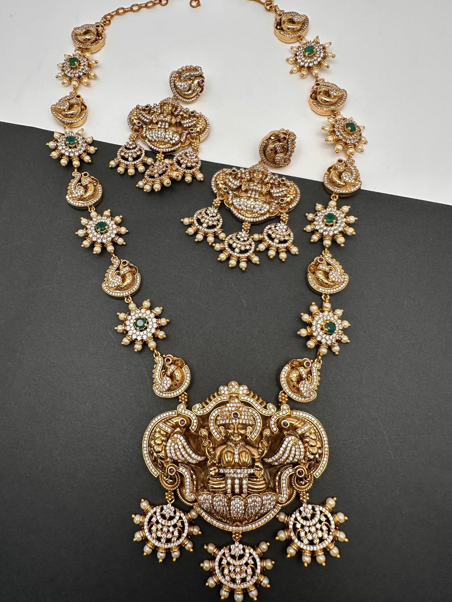 Goddess Lakshmi Matte CZ Green Stone Long Necklace