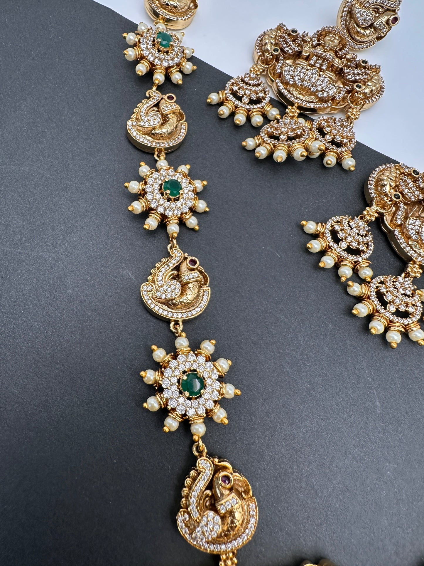 Goddess Lakshmi Matte CZ Green Stone Long Necklace
