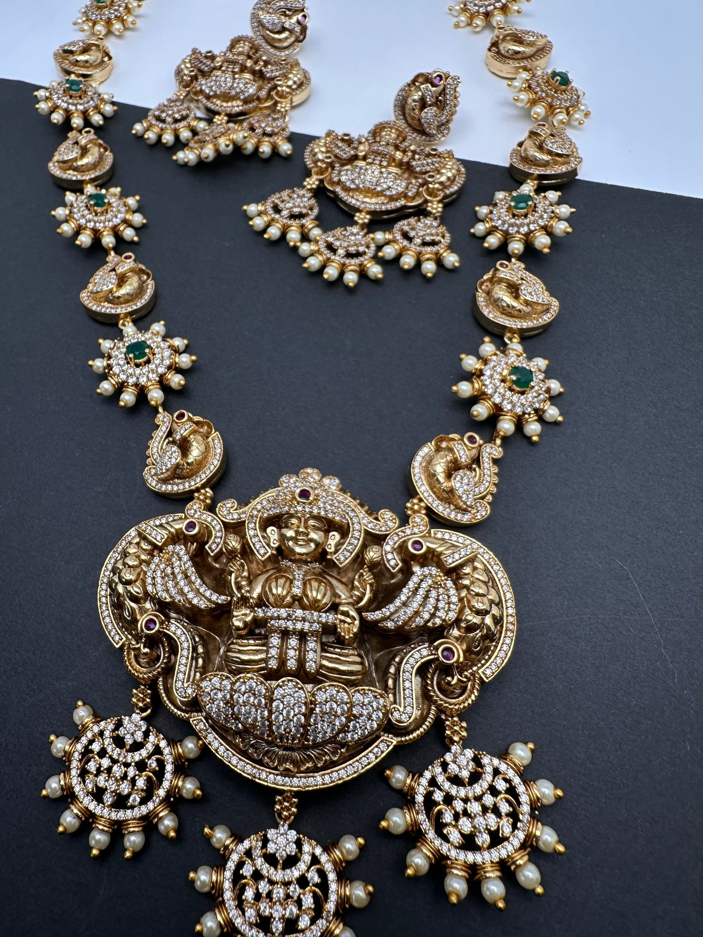 Goddess Lakshmi Matte CZ Green Stone Long Necklace