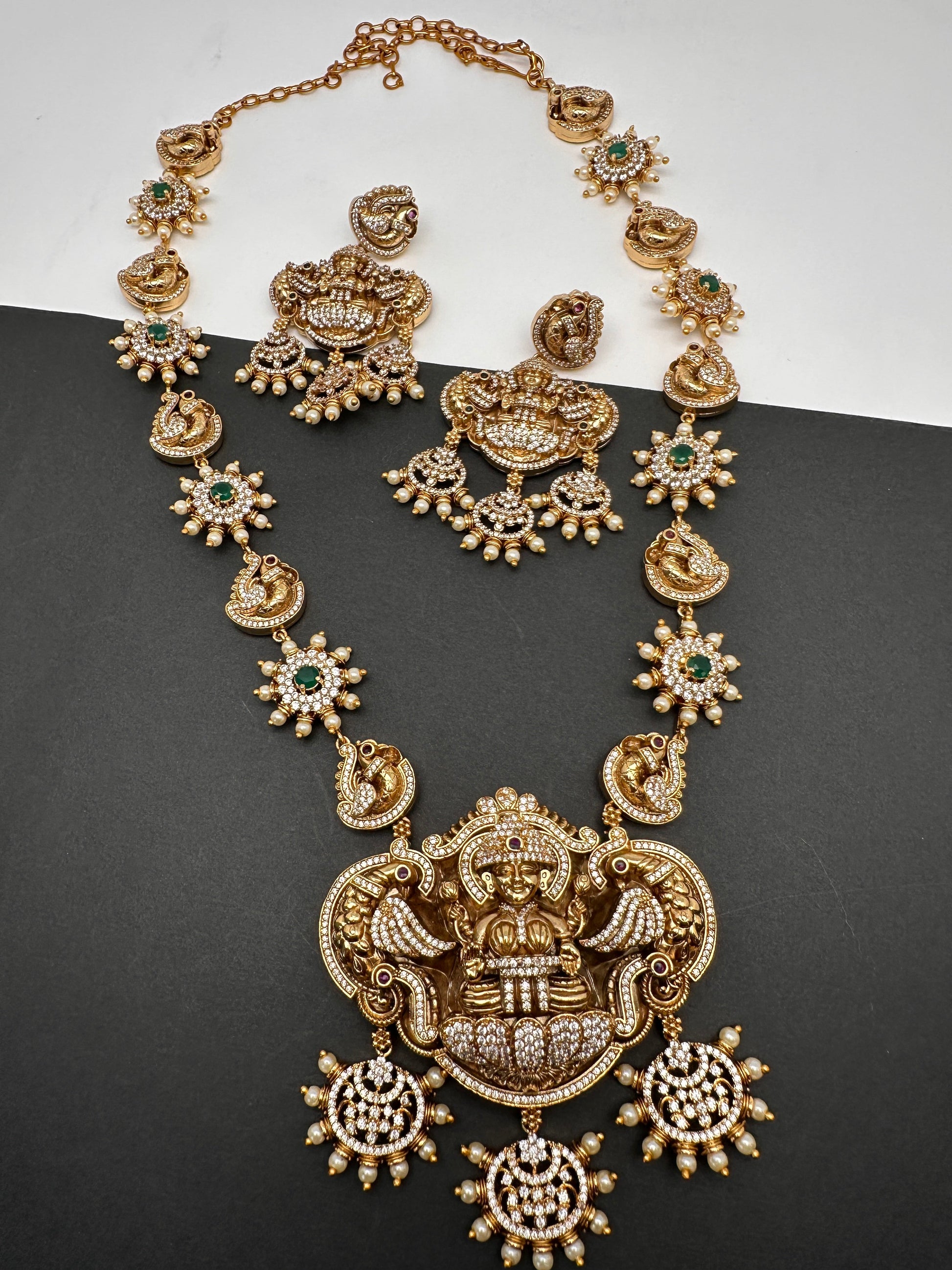 Goddess Lakshmi Matte CZ Green Stone Long Necklace