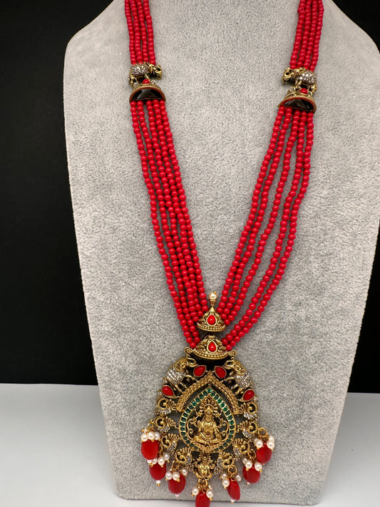 Geru Finish Goddess Lakshmi Color Stone Necklace - Coral