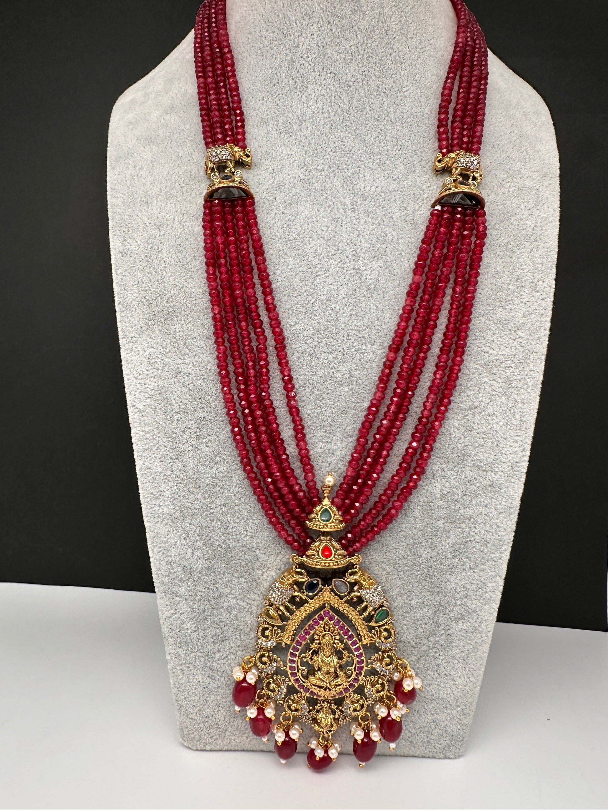 Geru Finish Goddess Lakshmi Color Stone Necklace - Red
