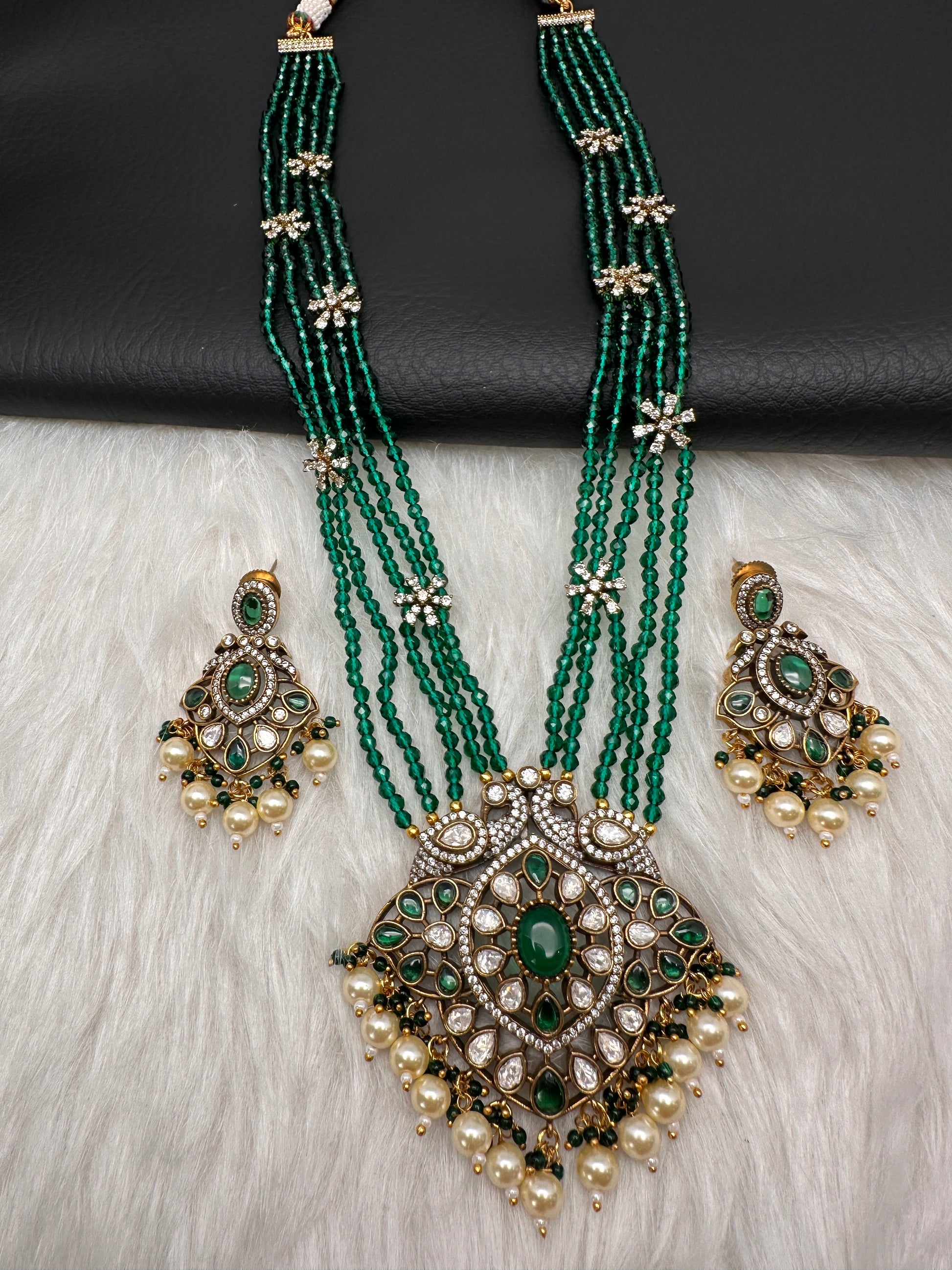 Crystal Beads AD Victorian Color Stone Necklace - Green