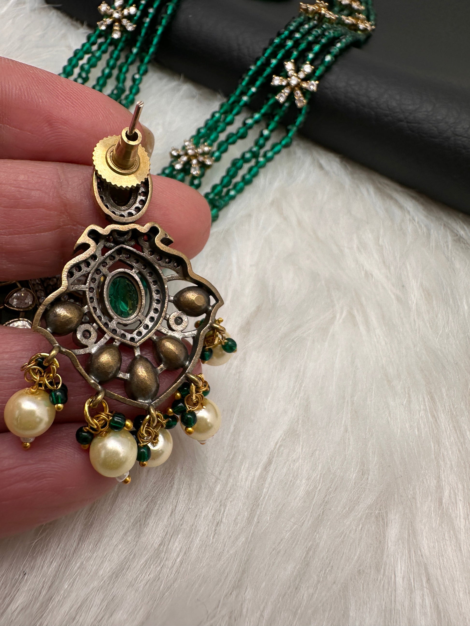 Crystal Beads AD Victorian Color Stone Necklace - Green