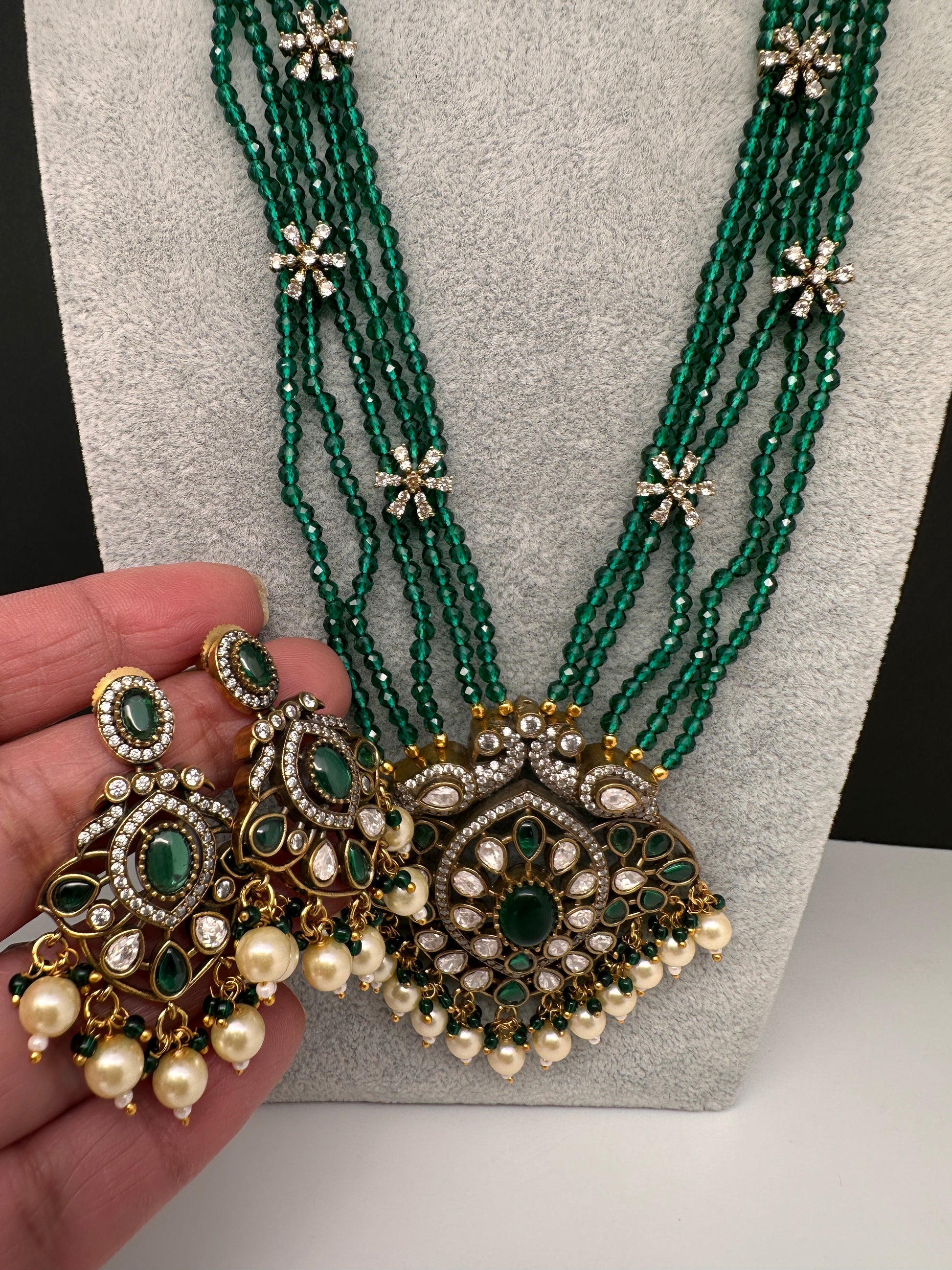 Crystal Beads AD Victorian Color Stone Necklace - Green