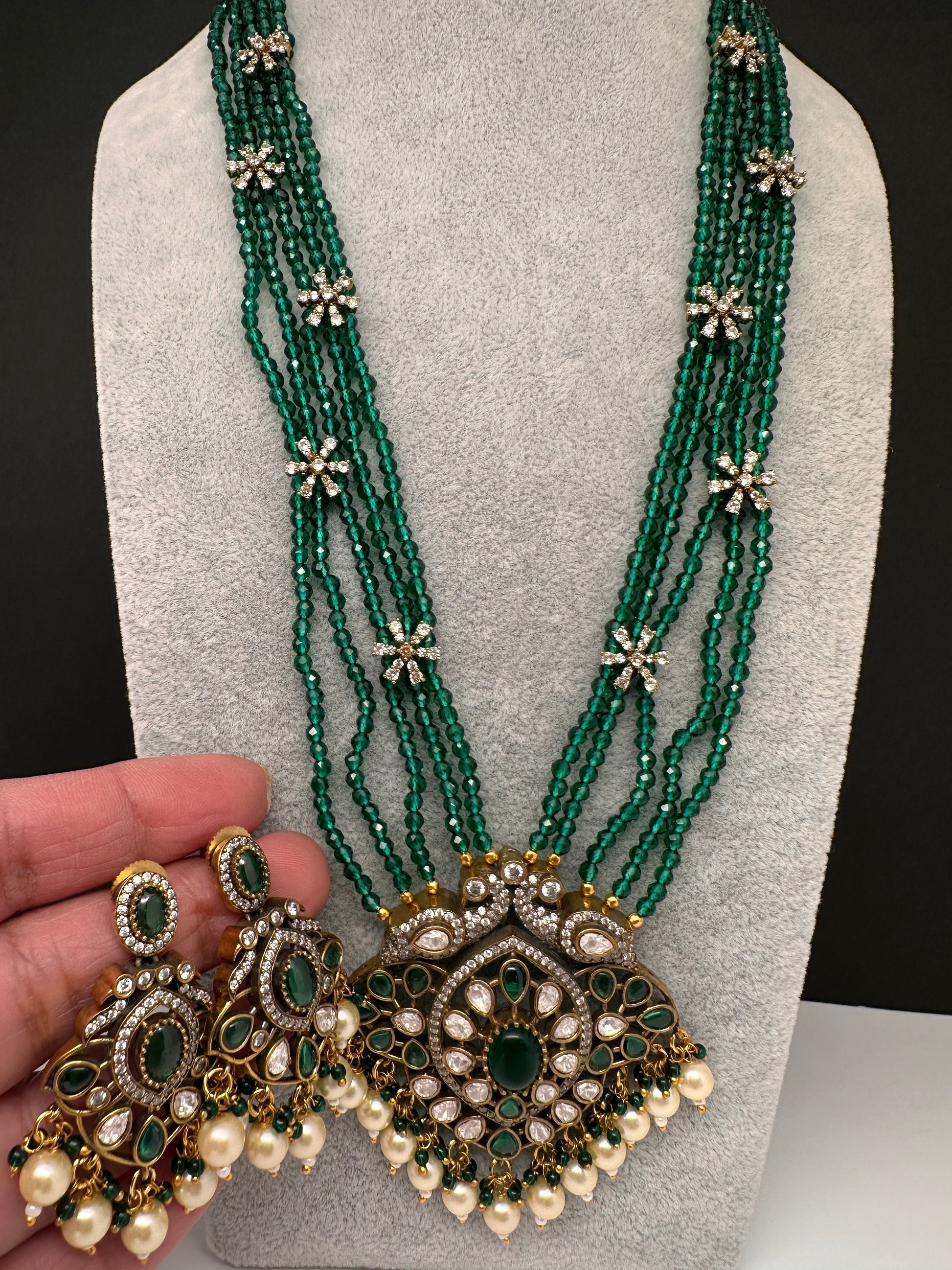 Crystal Beads AD Victorian Color Stone Necklace - Green