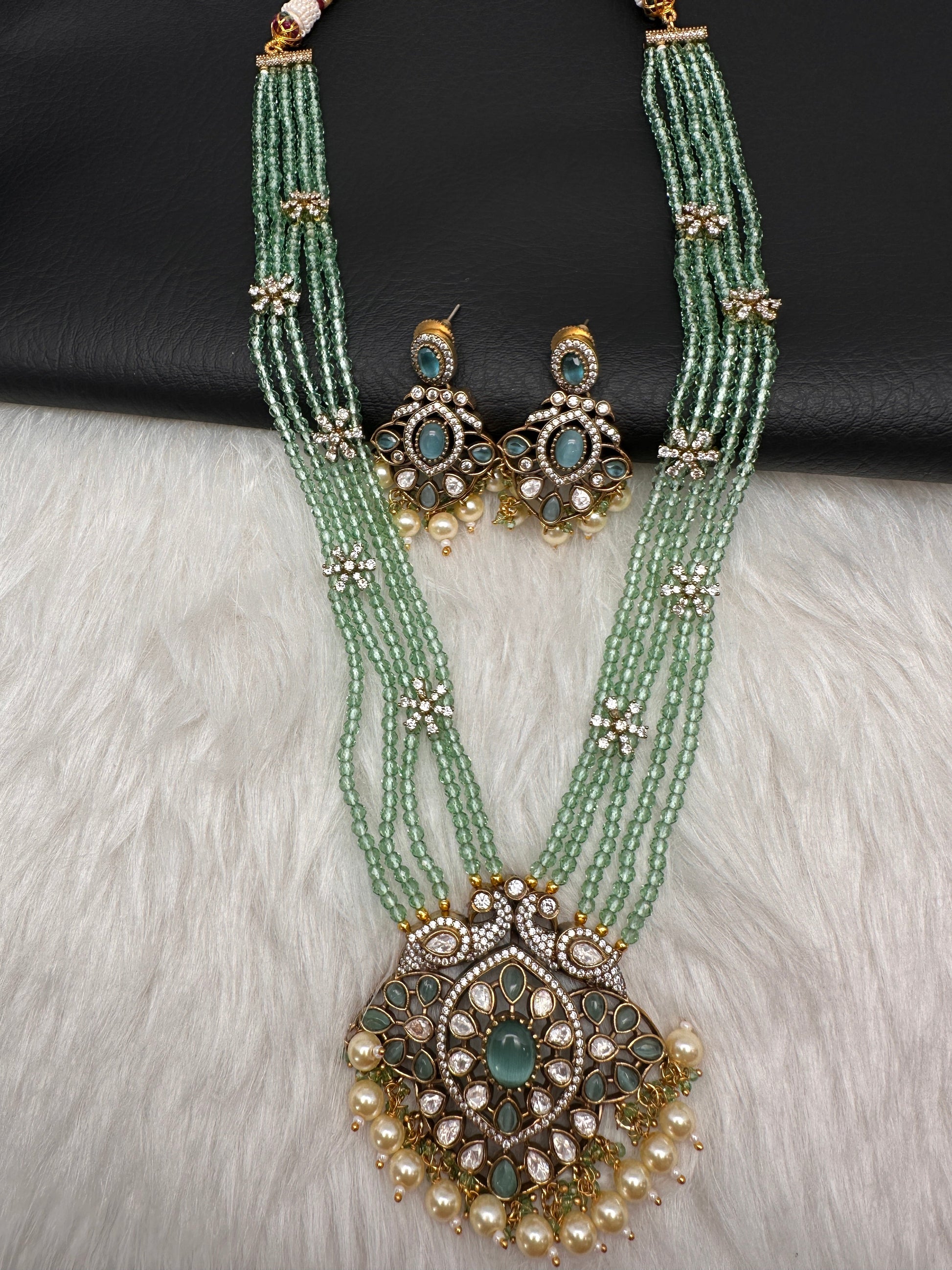 Crystal Beads AD Victorian Color Stone Necklace - MintGreen