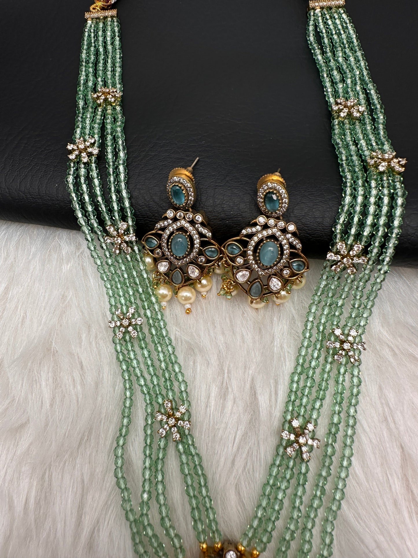 Crystal Beads AD Victorian Color Stone Necklace - MintGreen