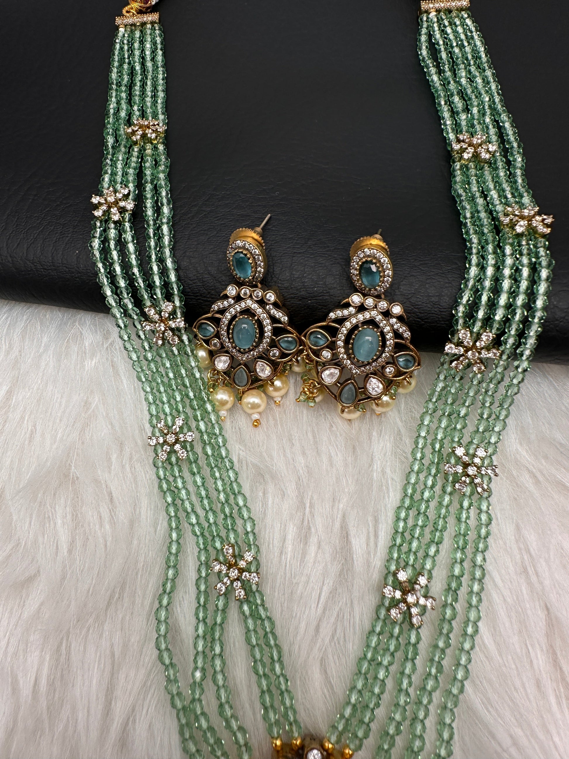 Crystal Beads AD Victorian Color Stone Necklace - MintGreen