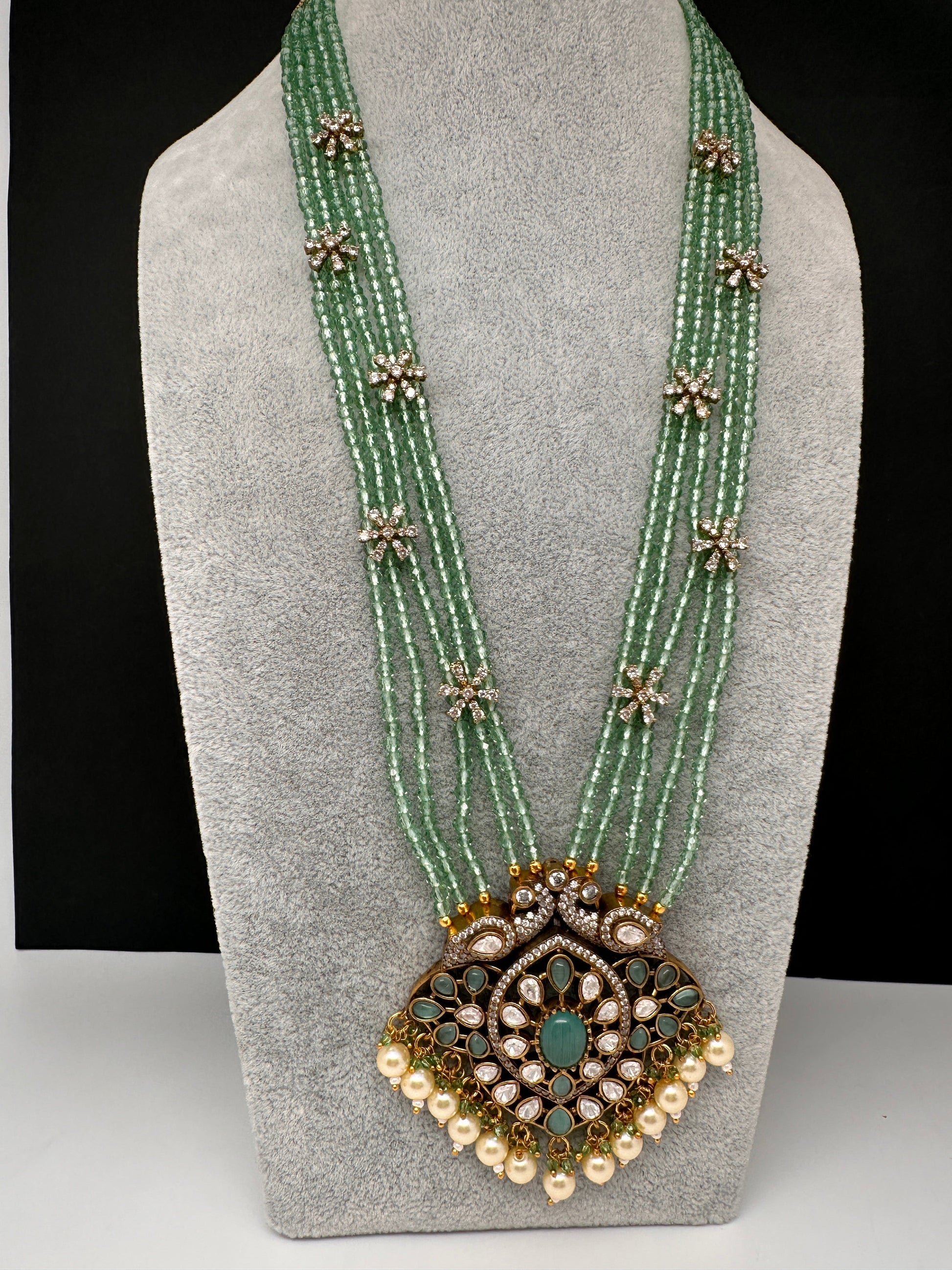 Crystal Beads AD Victorian Color Stone Necklace - MintGreen
