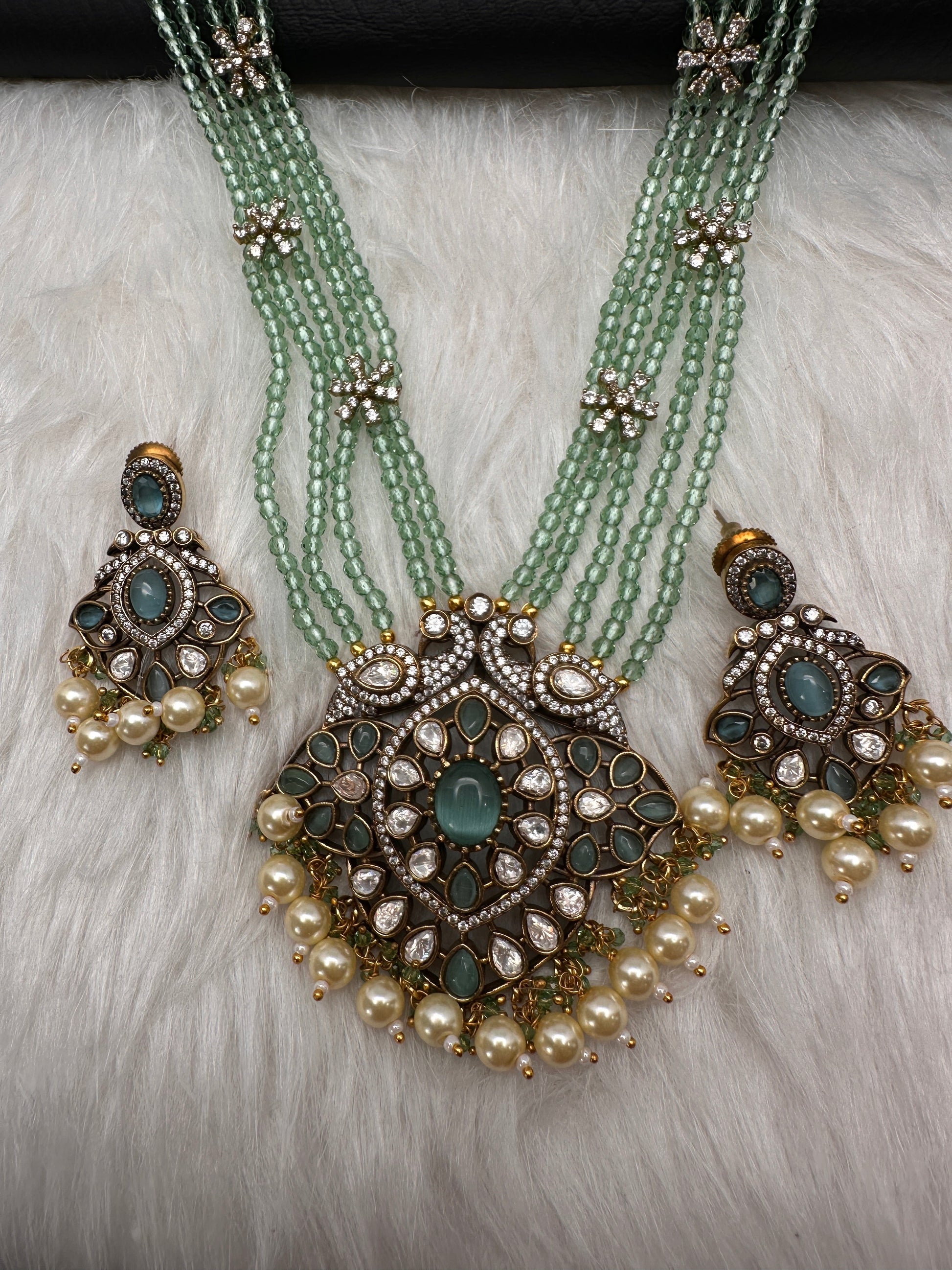 Crystal Beads AD Victorian Color Stone Necklace - MintGreen