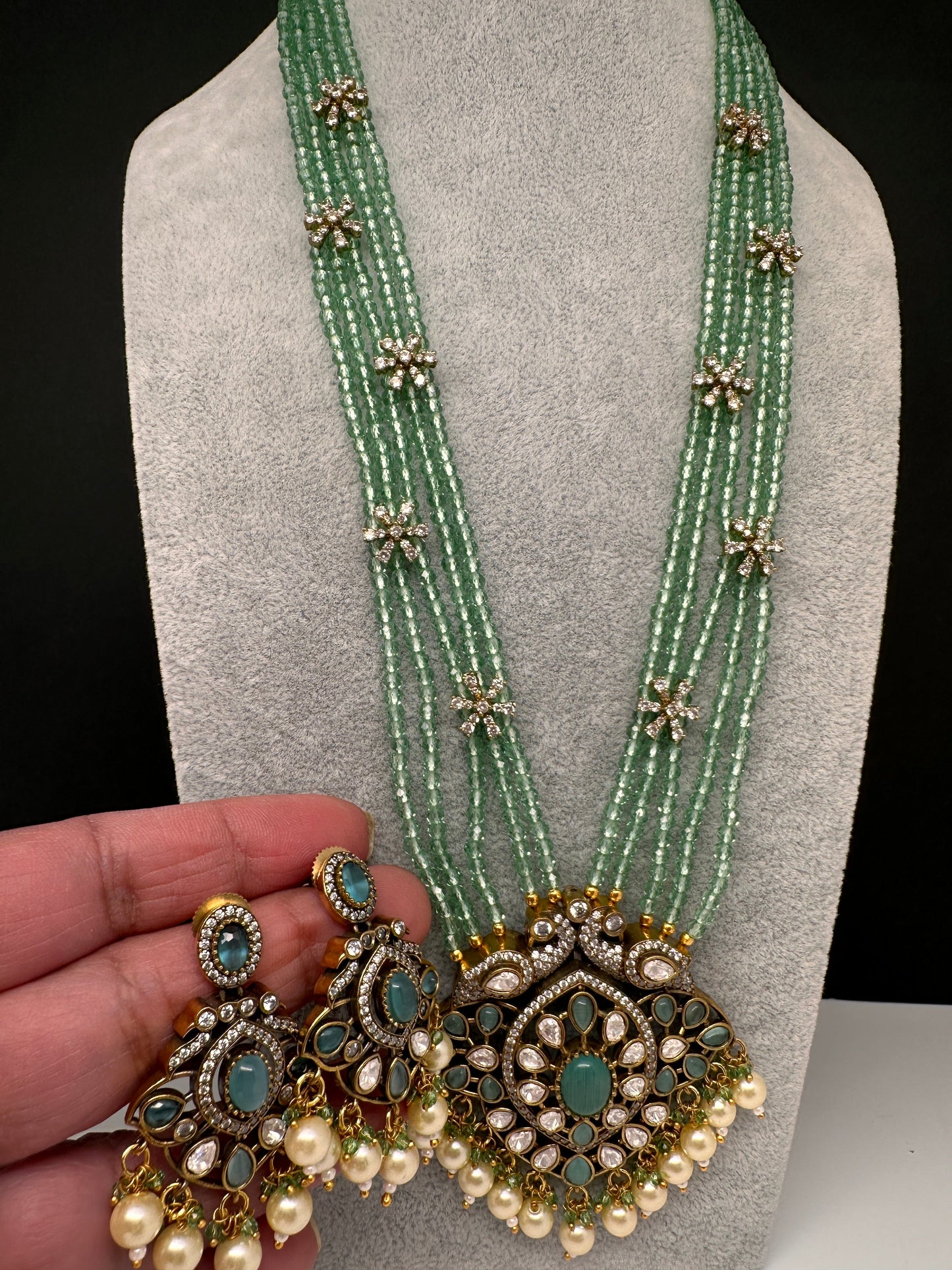 Crystal Beads AD Victorian Color Stone Necklace - MintGreen