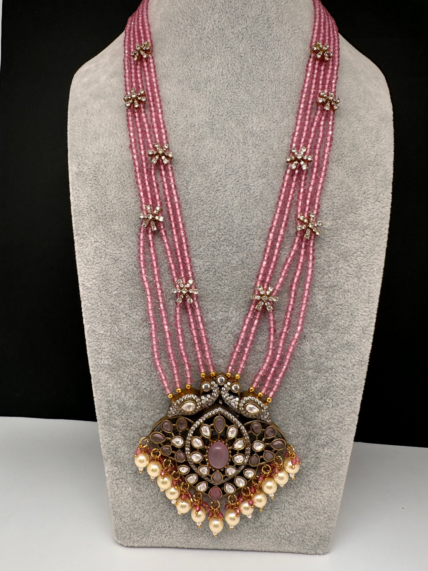 Crystal Beads AD Victorian Color Stone Necklace - Pink